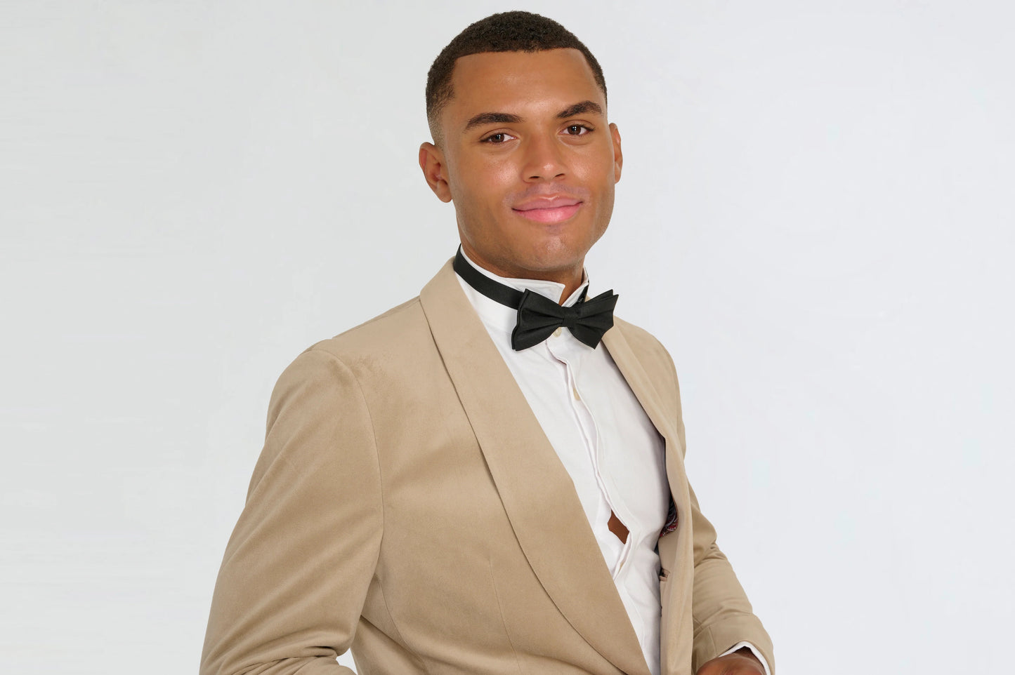 Ecru Velvet tuxedo jacket, with black waistcoat & trouser 3 piece suit for hire
