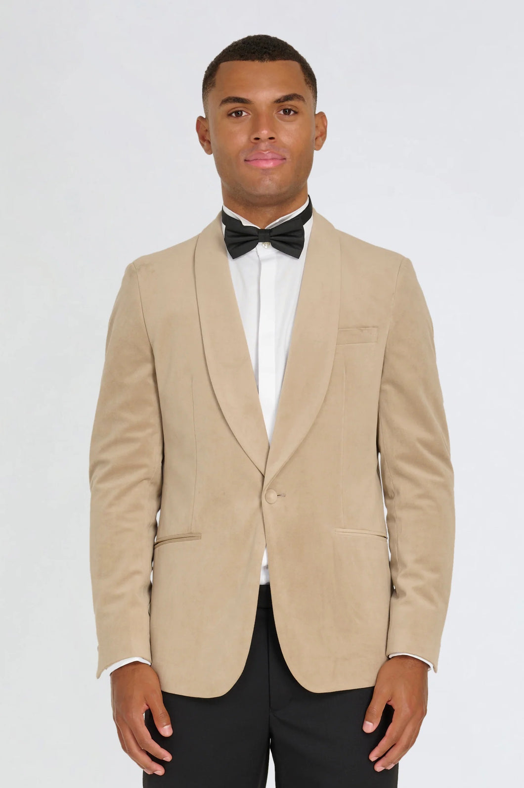 Ecru Velvet tuxedo jacket, with black waistcoat & trouser 3 piece suit for hire