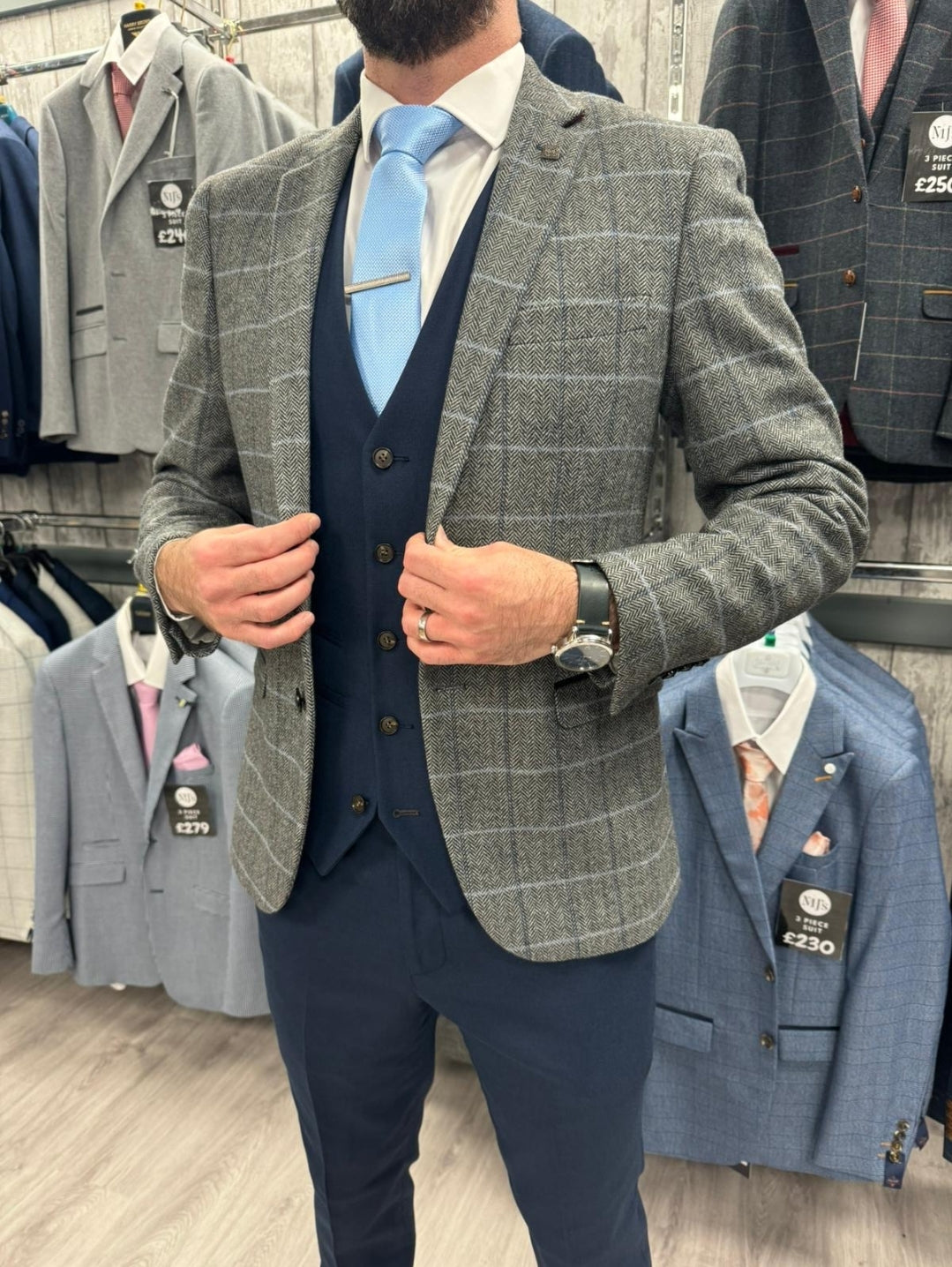 Harris Grey Tweed Suit Jacket With Navy Trousers Waistcoat