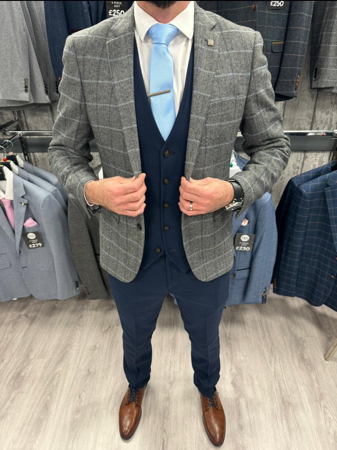 Harris Grey Tweed Suit Jacket  With Navy Trousers & Waistcoat