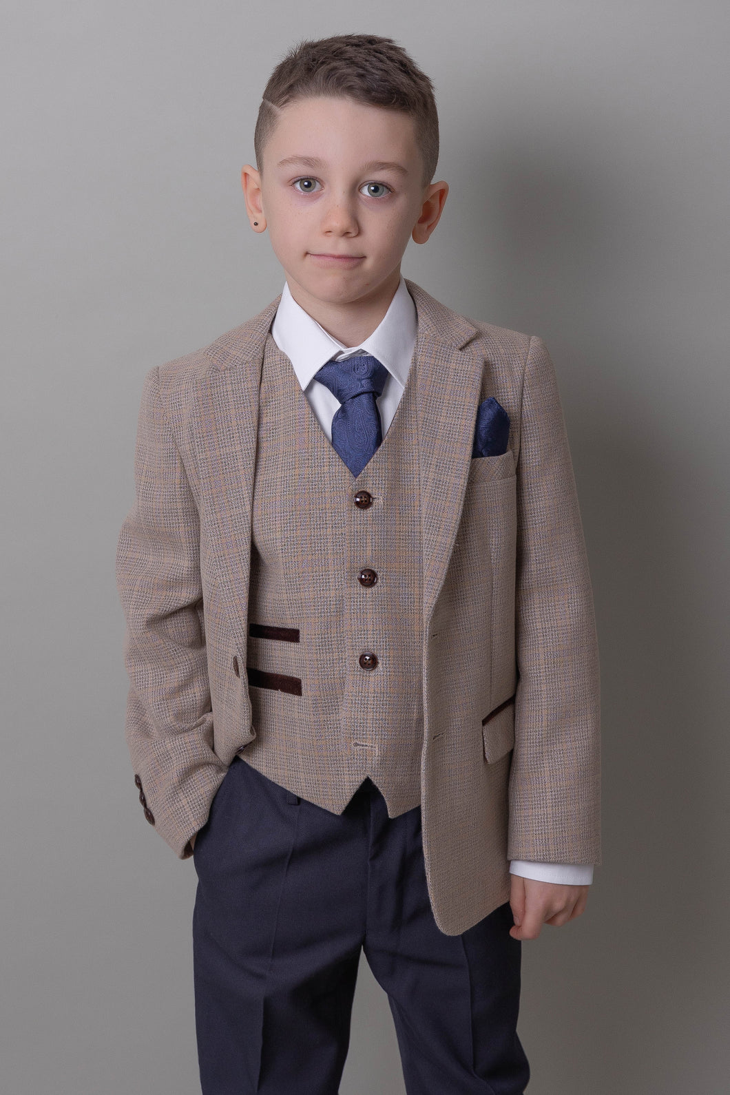 Boy's Holland Beige 3 Piece Suit with navy trousers