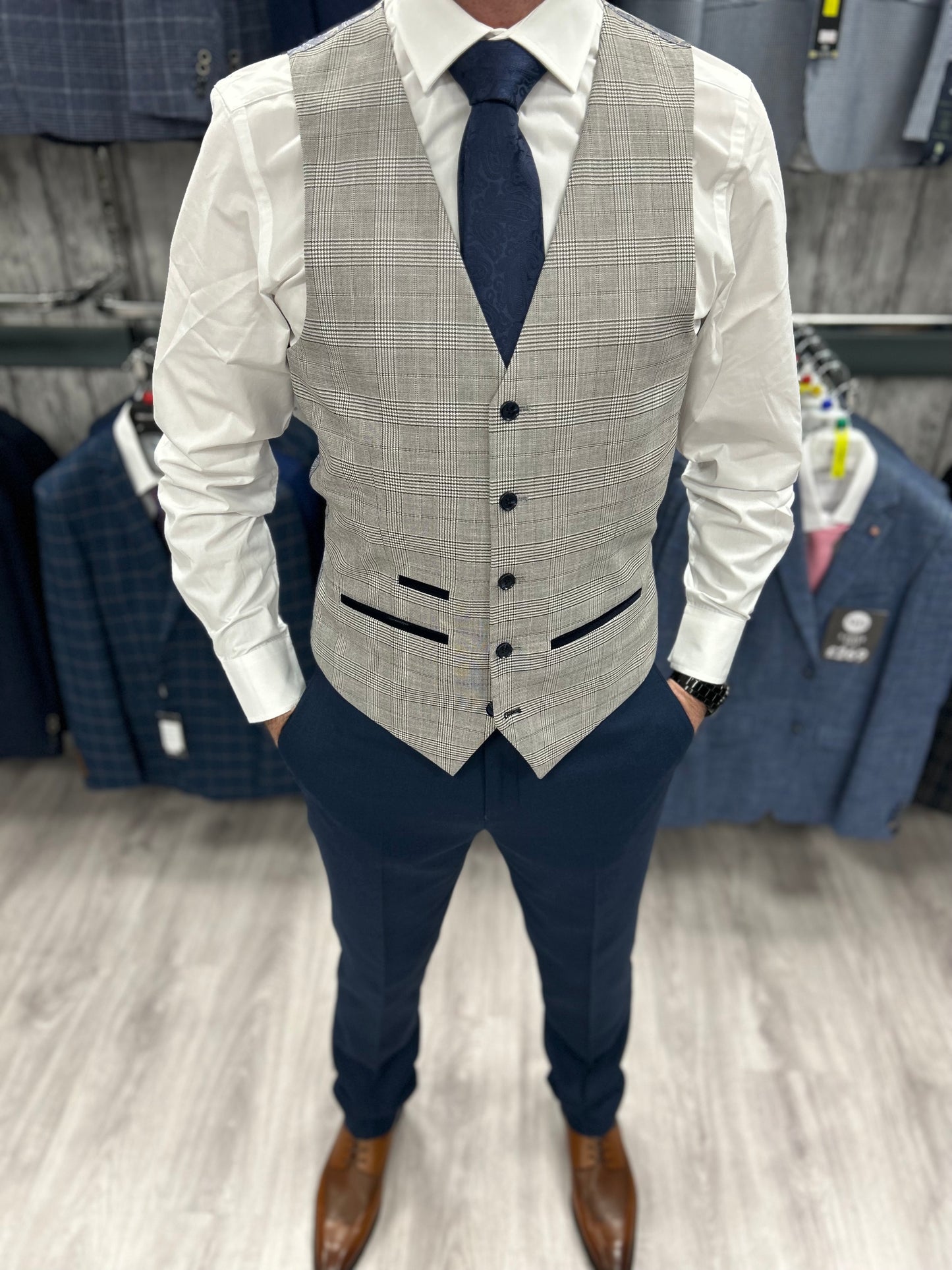 Calvin Blue 3 Piece with Hugo waistcoat suit for hire