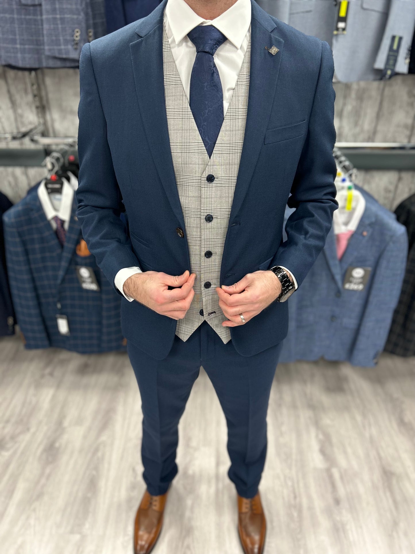 Calvin Blue 3 Piece with Hugo waistcoat suit for hire