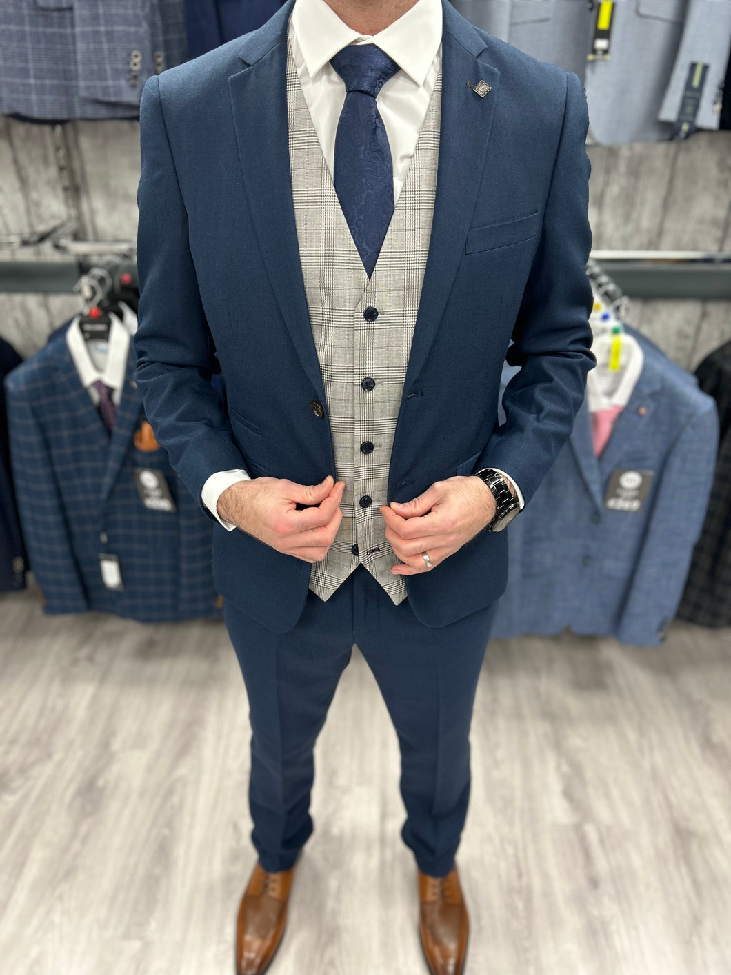 Calvin Blue 3 Piece with Hugo waistcoat suit for hire