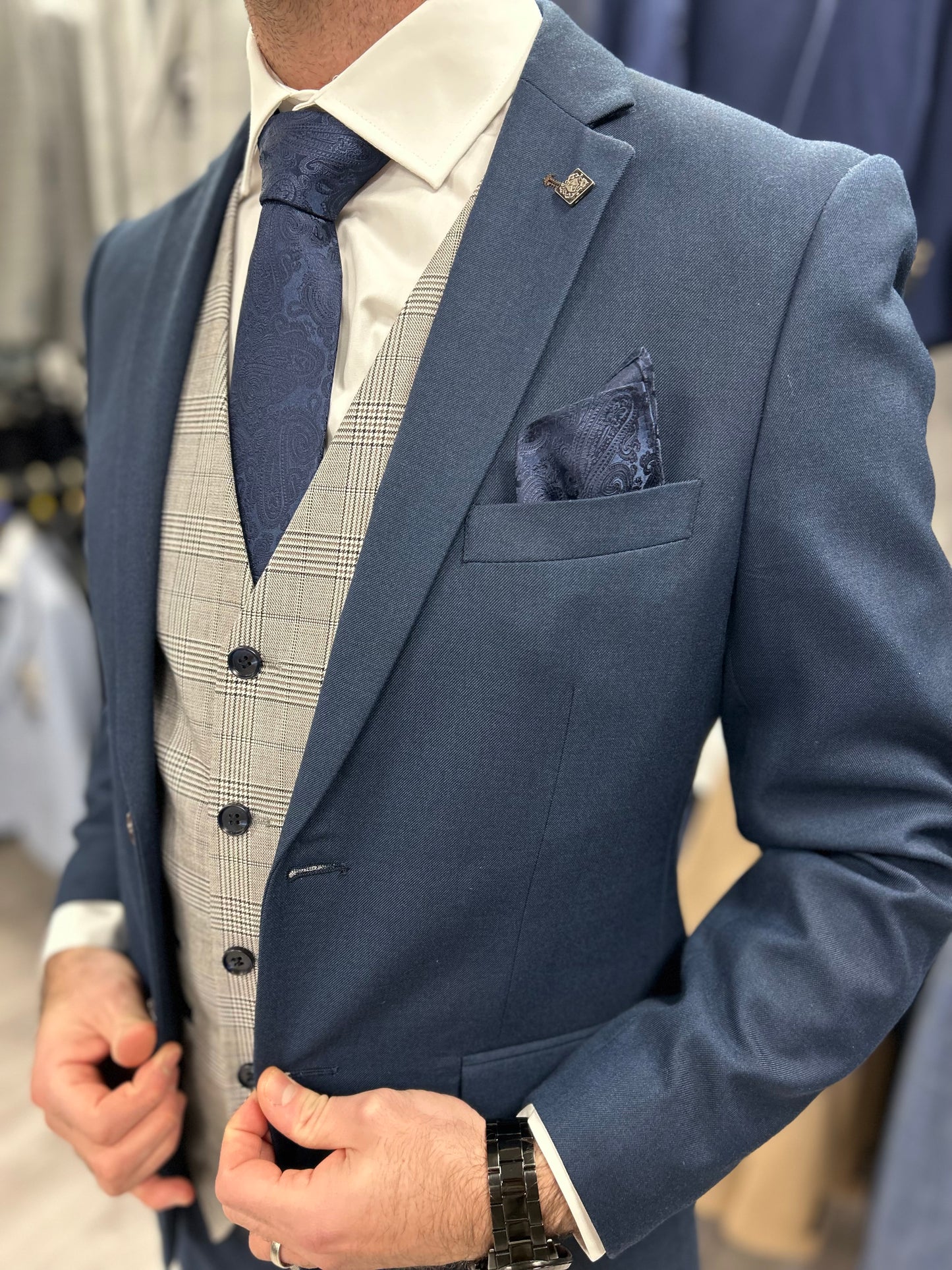 Calvin Blue 3 Piece with Hugo waistcoat suit for hire