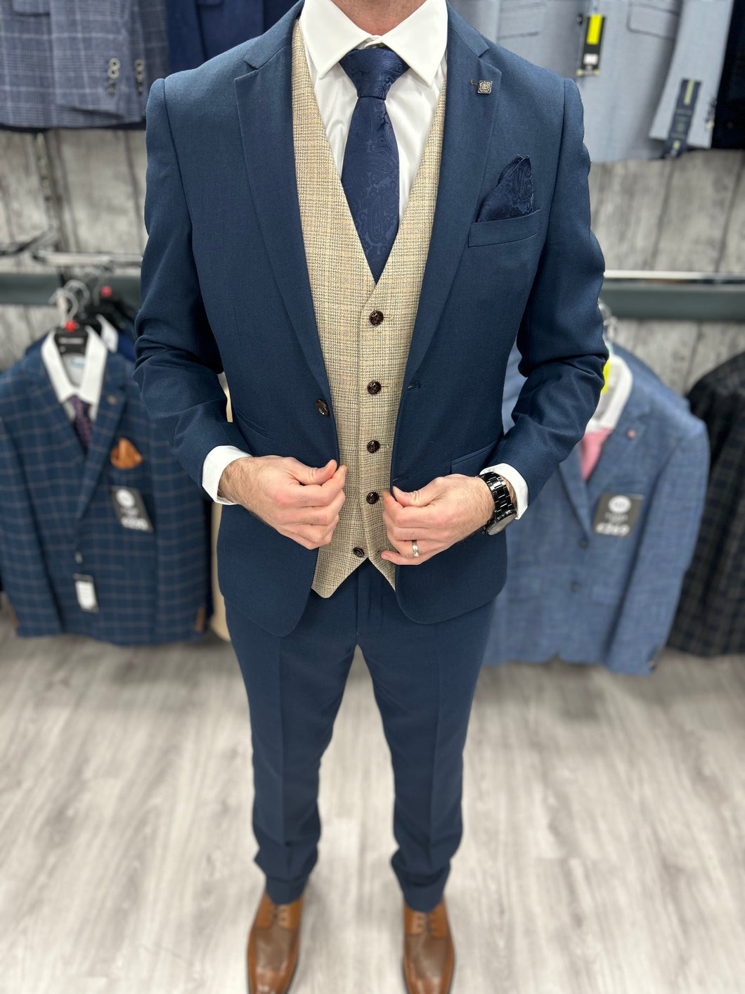 Calvin Blue 3 Piece with Holland waistcoat suit for hire