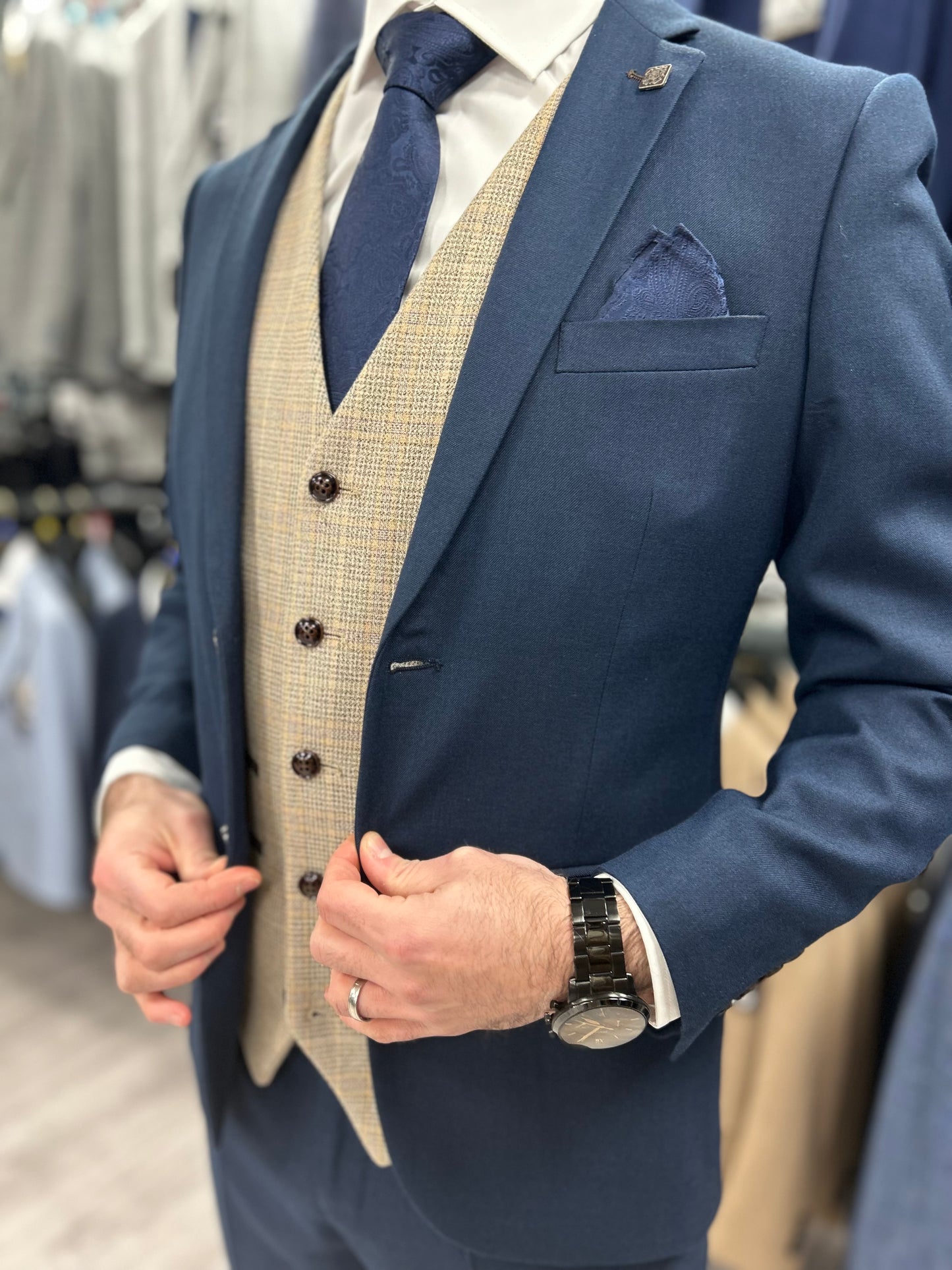 Calvin Blue 3 Piece with Holland waistcoat suit for hire