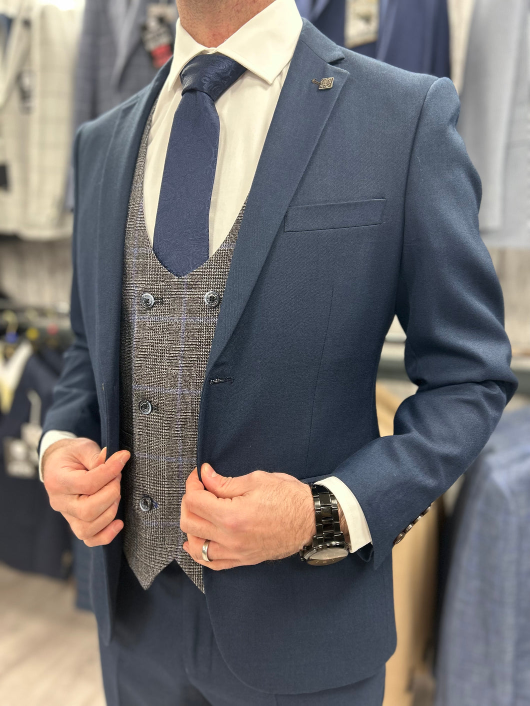 Calvin navy 2 piece with power waistcoat suit for hire