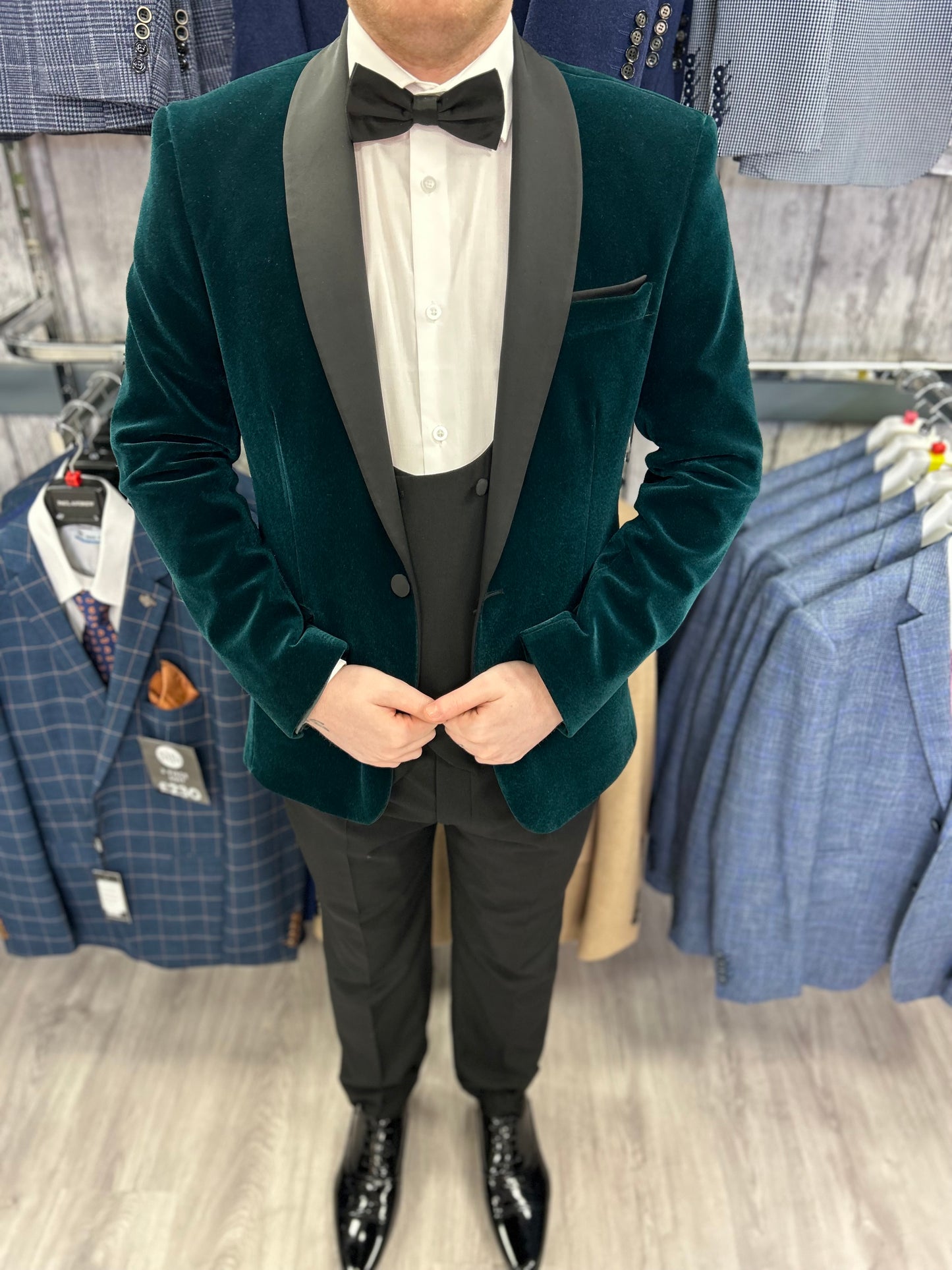 Green Velvet Tux with black waistcoat 3 Piece Suit