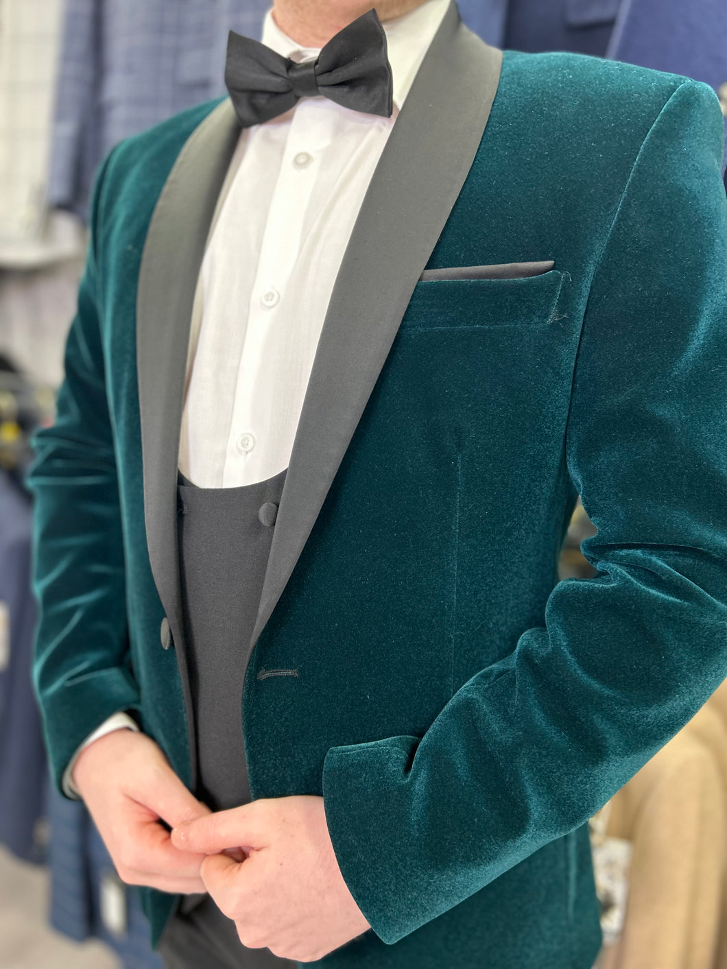 Green velvet tuxedo with black waistcoat & trouser 3 piece suit for hire
