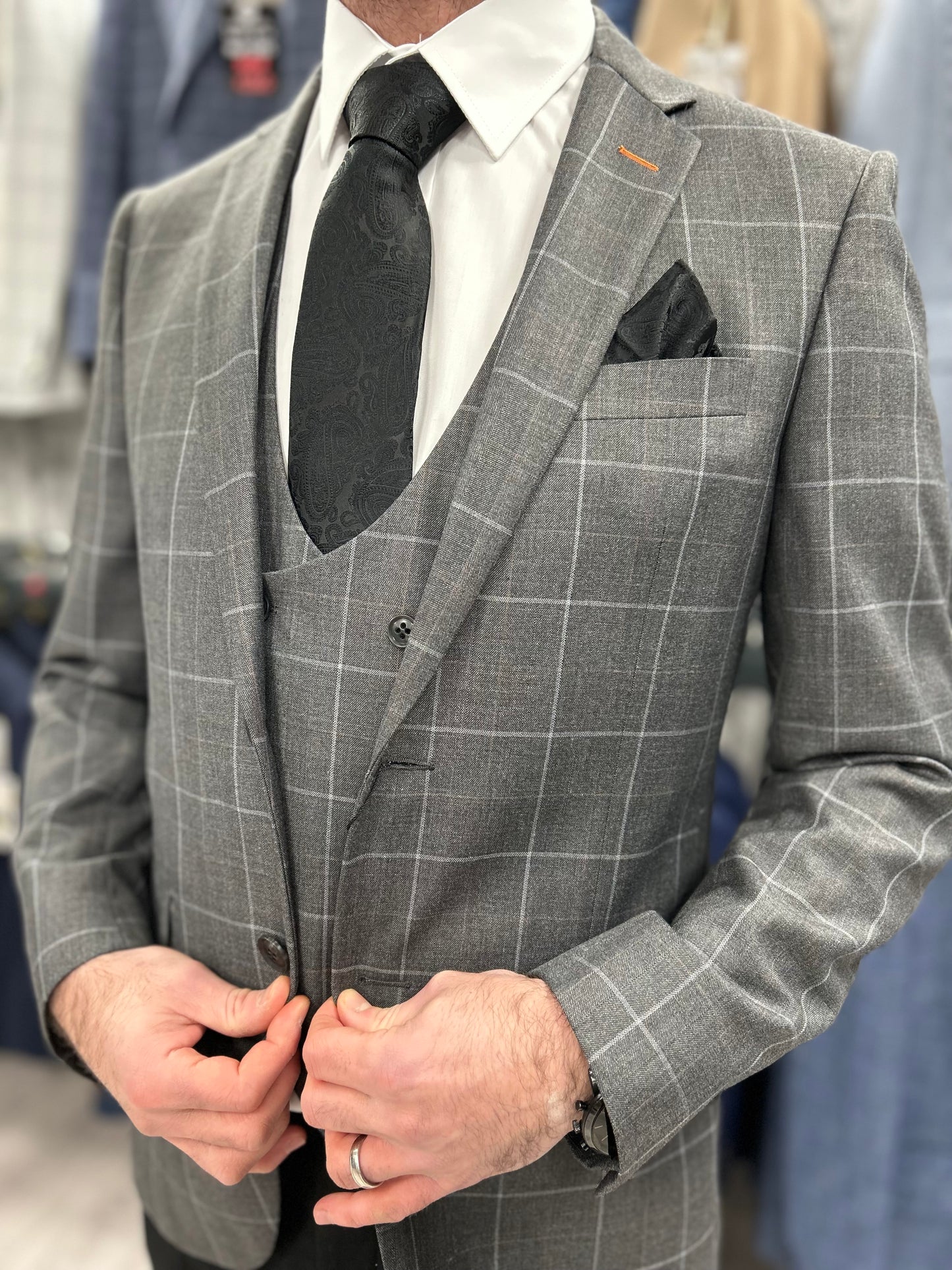Jacob Grey Checked upper half with black trouser for hire