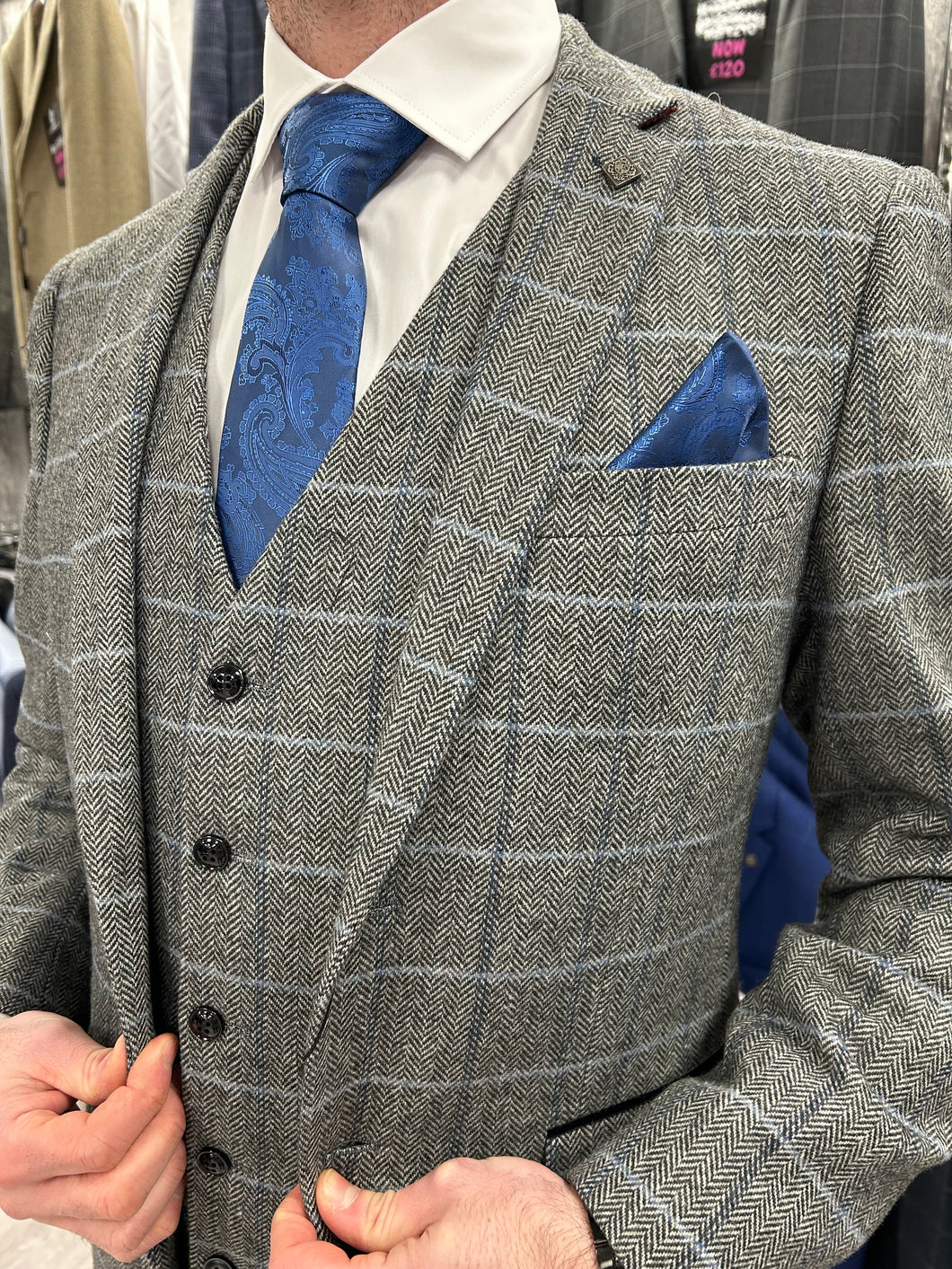 Harris Grey 3 Piece Suit With Navy Trousers