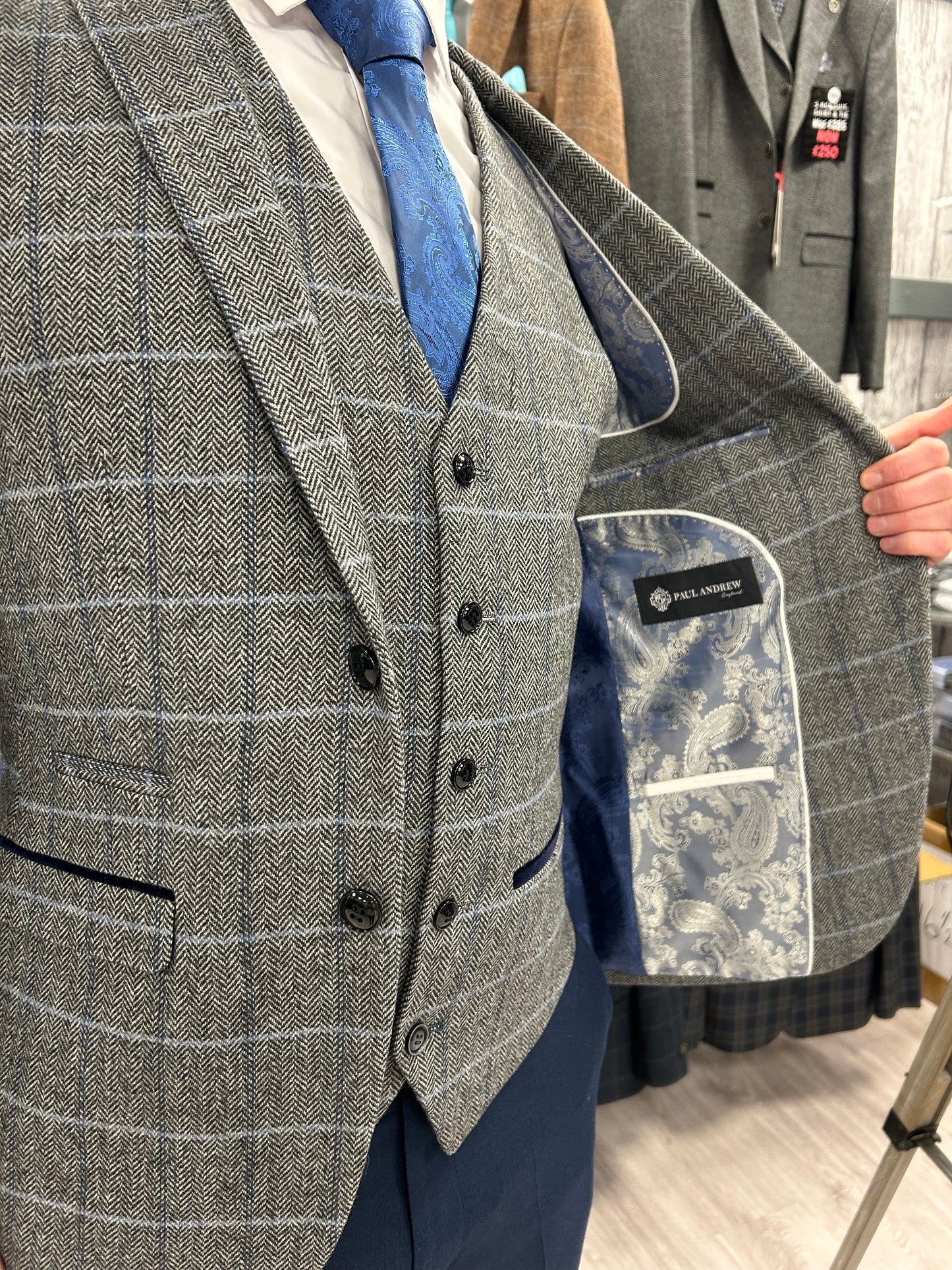 Harris Grey 3 Piece Suit With Navy Trousers