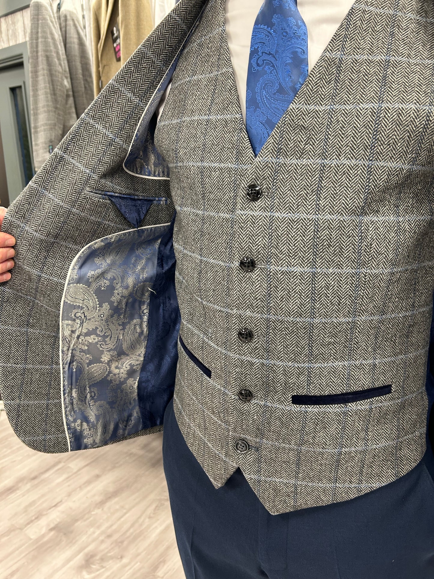 Harris Grey 3 Piece Suit With Navy Trousers