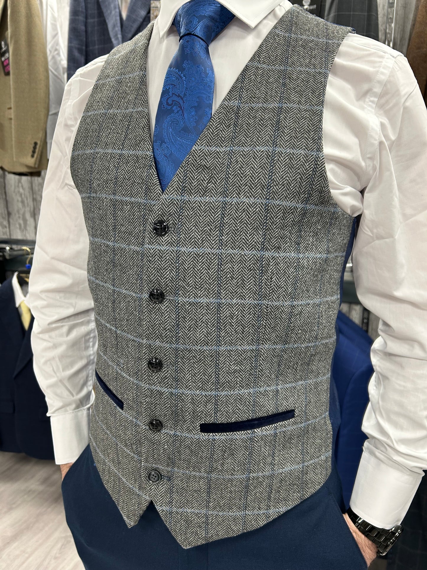 Harris Grey 3 Piece Suit With Navy Trousers