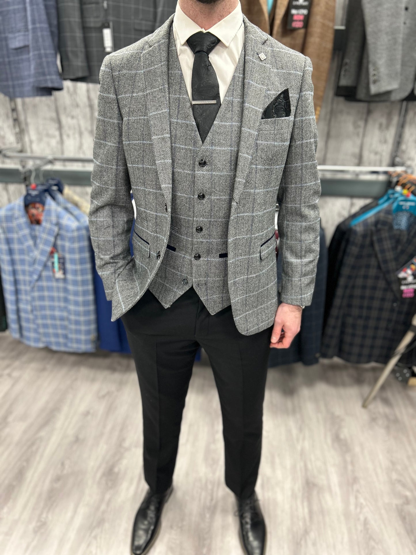 Harris Grey 3 Piece Suit With Black Trousers