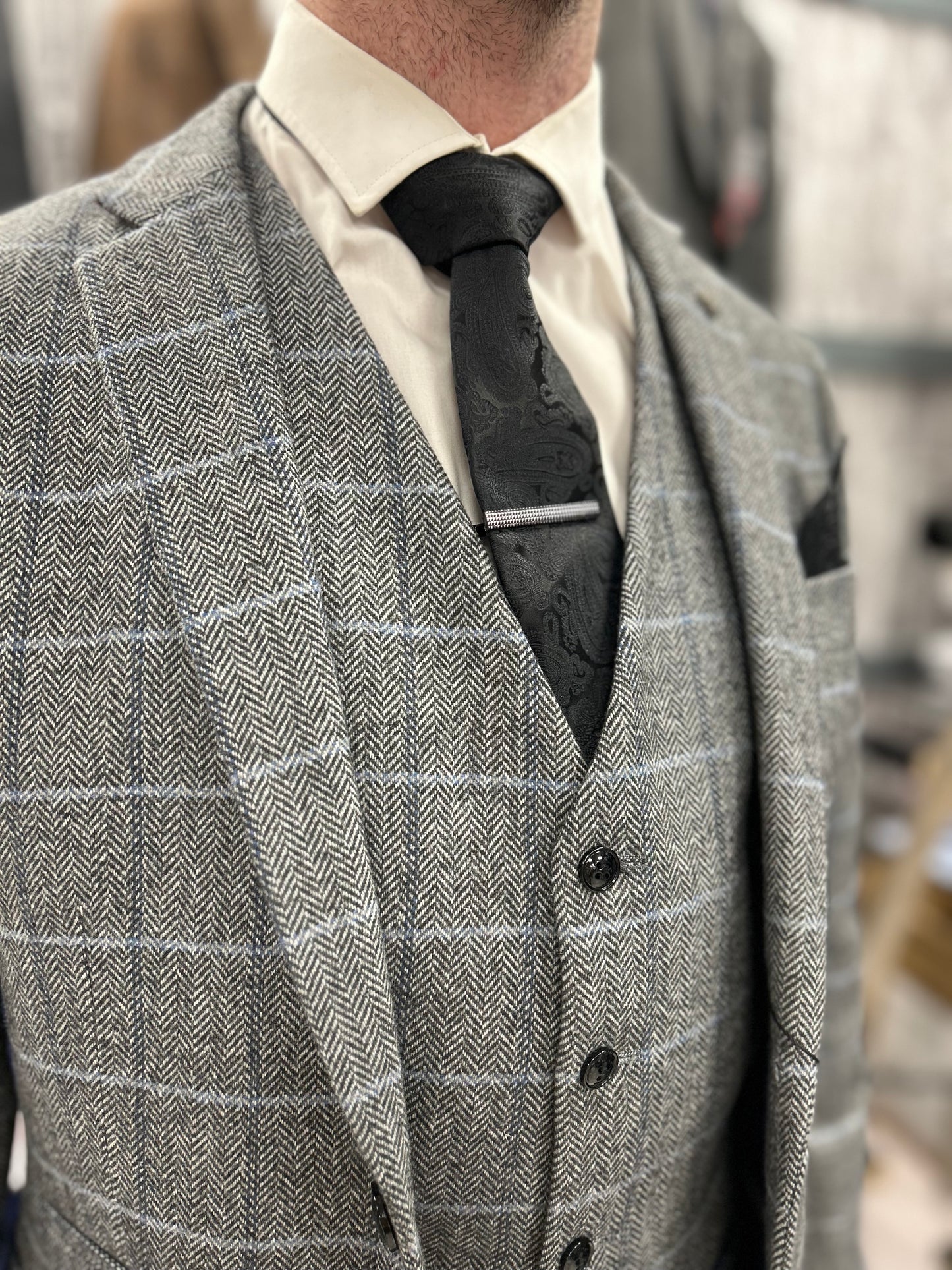 Harris Grey 3 Piece Suit With Black Trousers