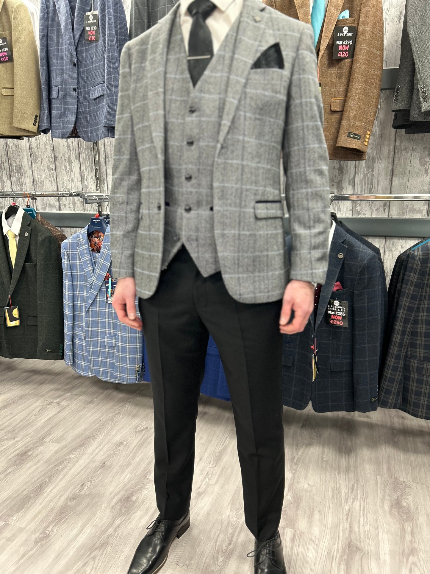Harris Grey 3 Piece Suit With Black Trousers