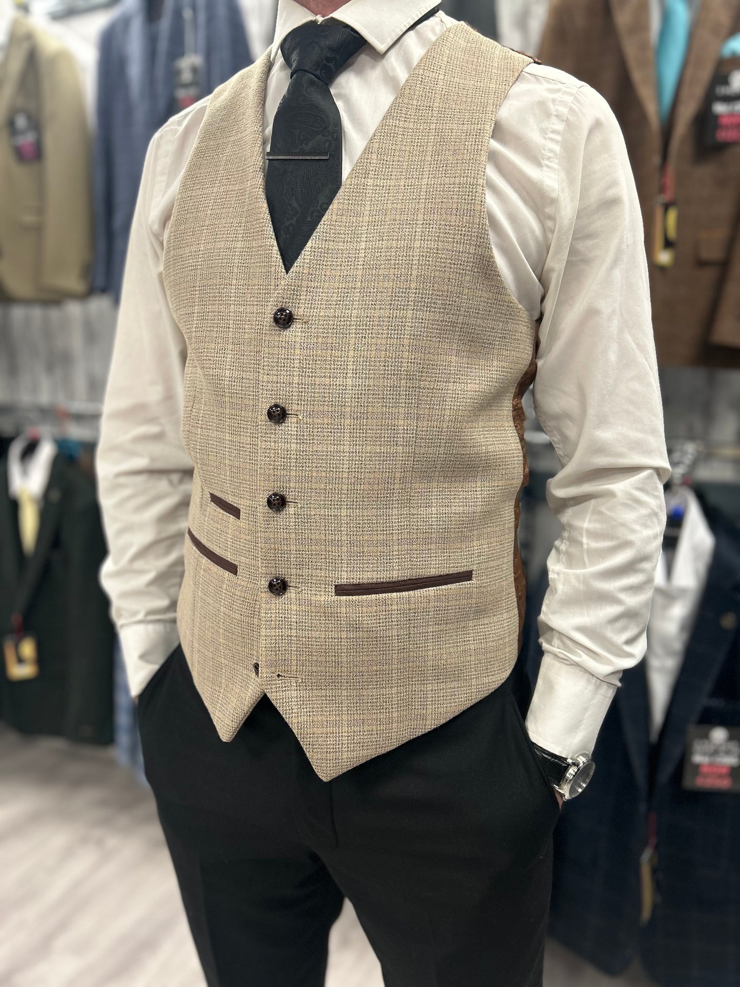 Parker black 2 piece with Holland beige waistcoat suit for hire