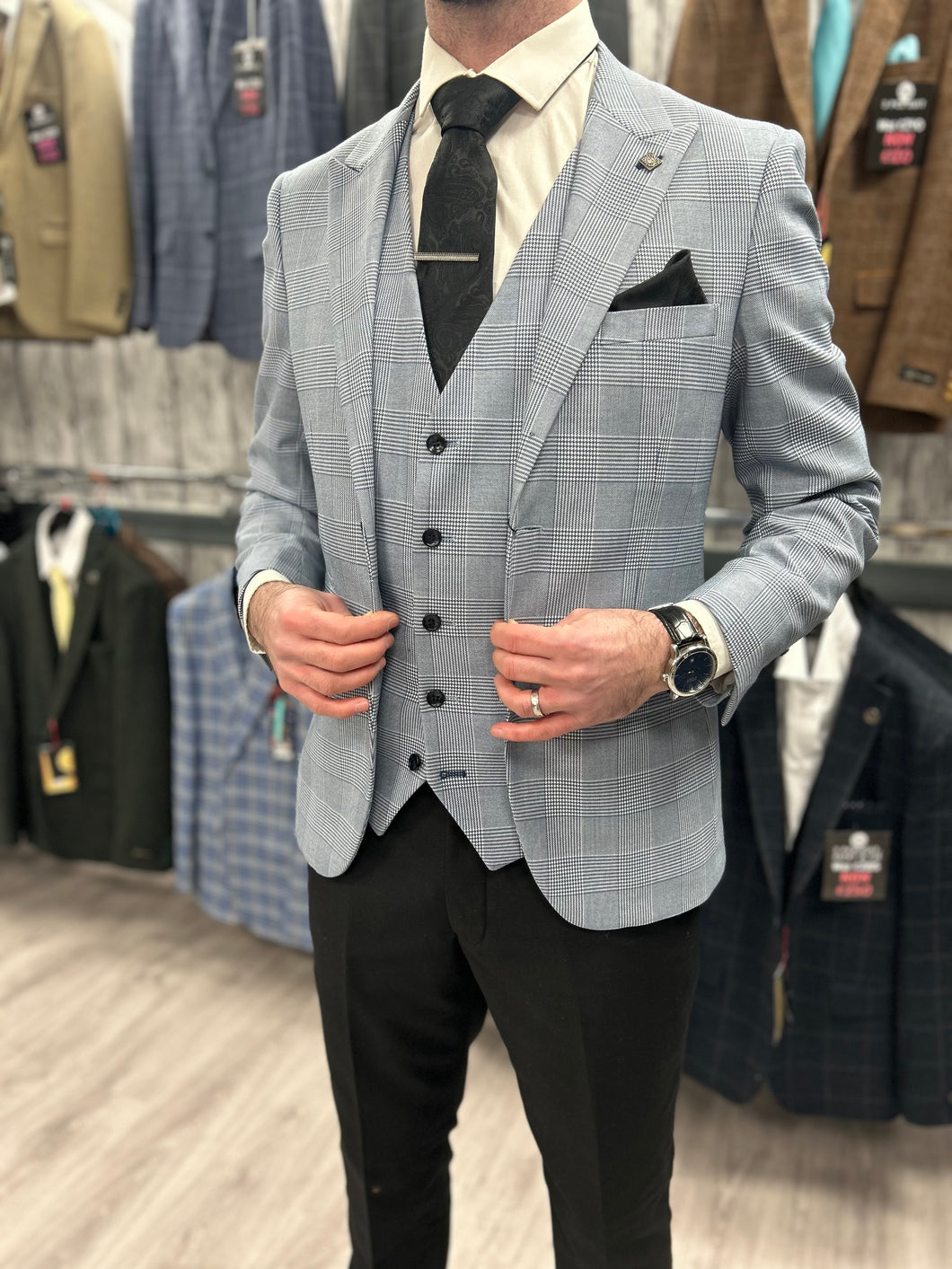 Mark Sky Blue Jacket & Waistcoat - Black Trousers