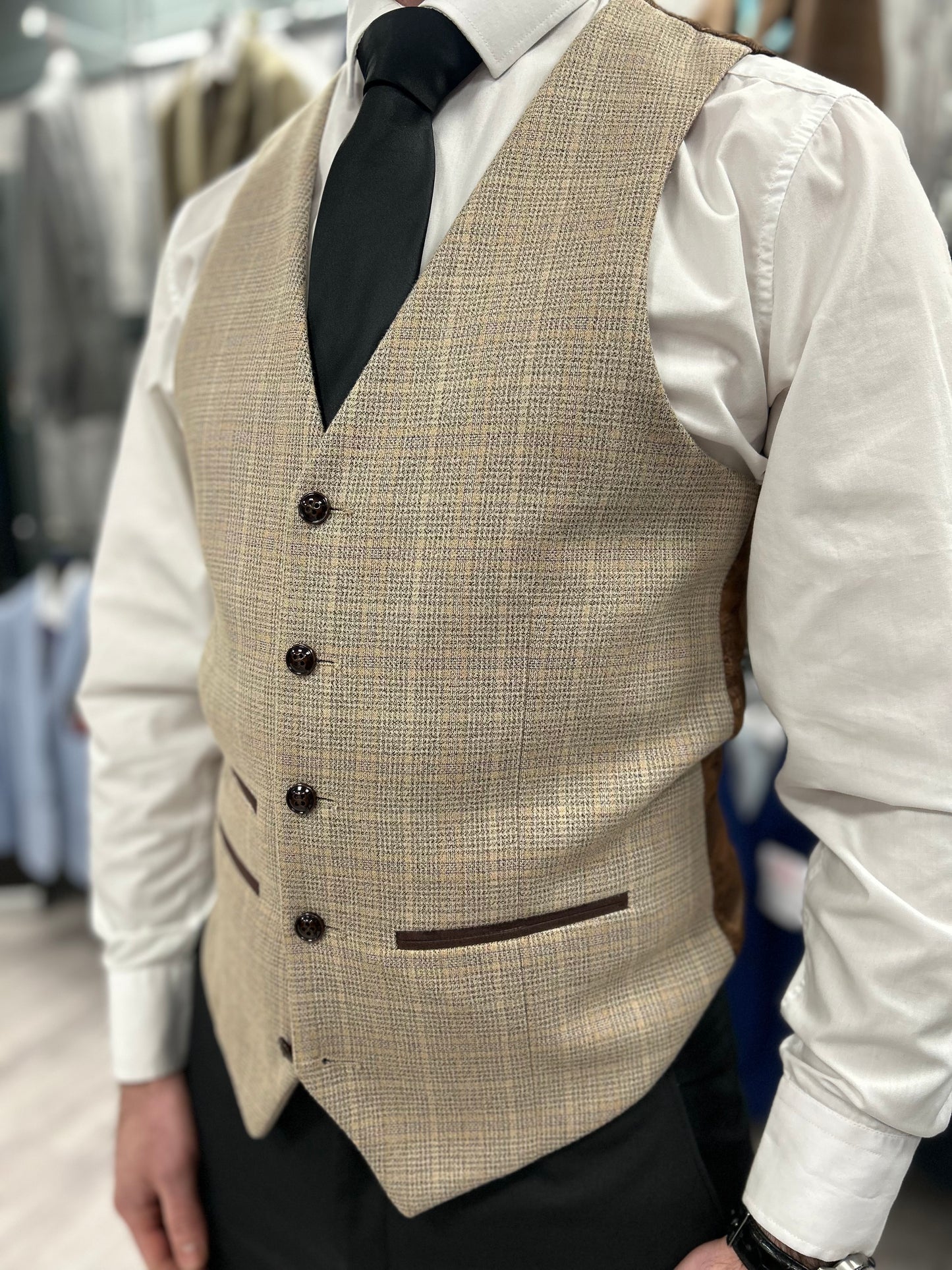 Parker black 2 piece with Holland beige waistcoat suit for hire