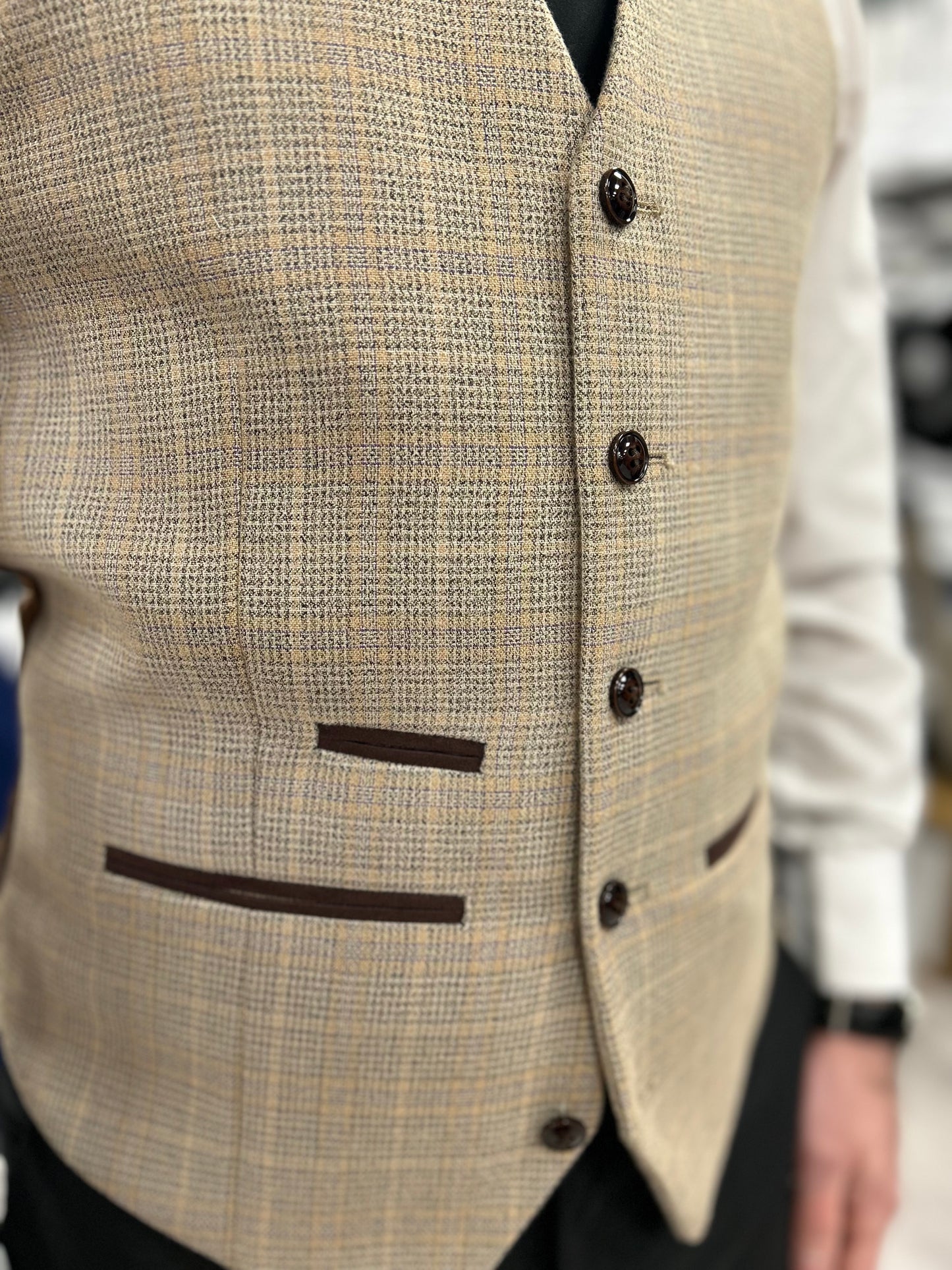 Parker black 2 piece with Holland beige waistcoat suit for hire