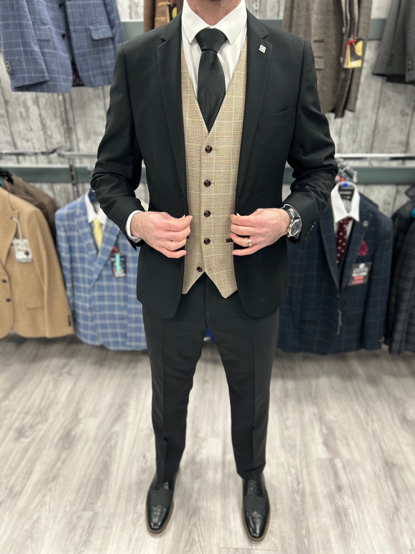 Parker black 2 piece with Holland beige waistcoat suit for hire