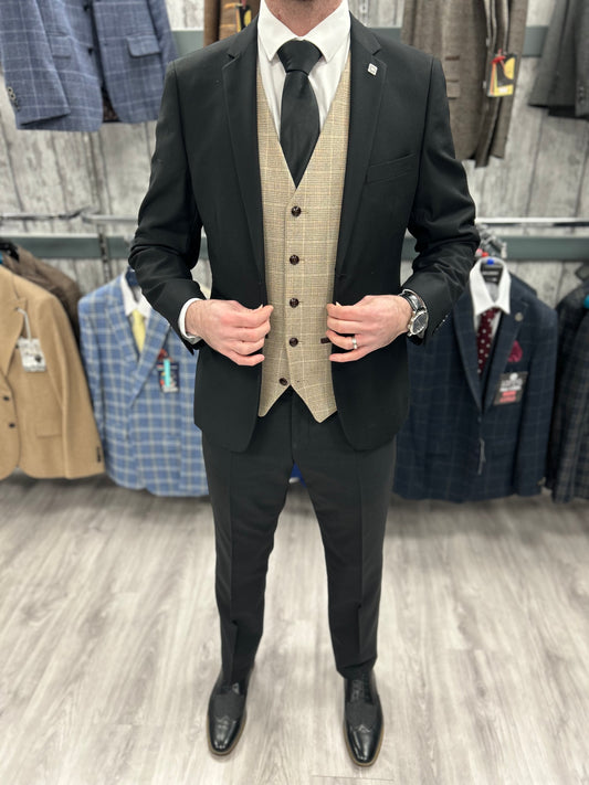 Parker black 2 piece with Holland beige waistcoat suit for hire