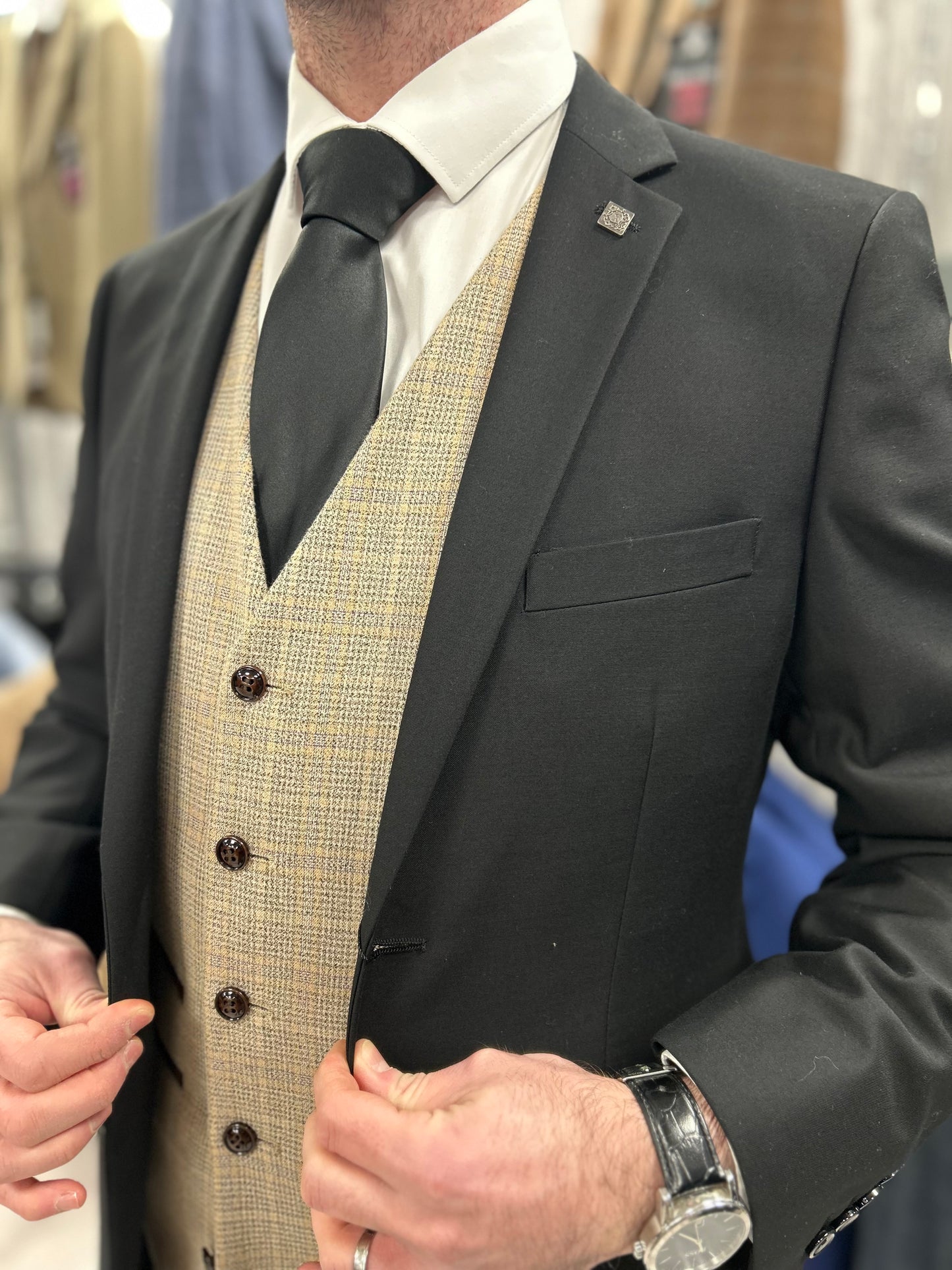 Parker black 2 piece with Holland beige waistcoat suit for hire
