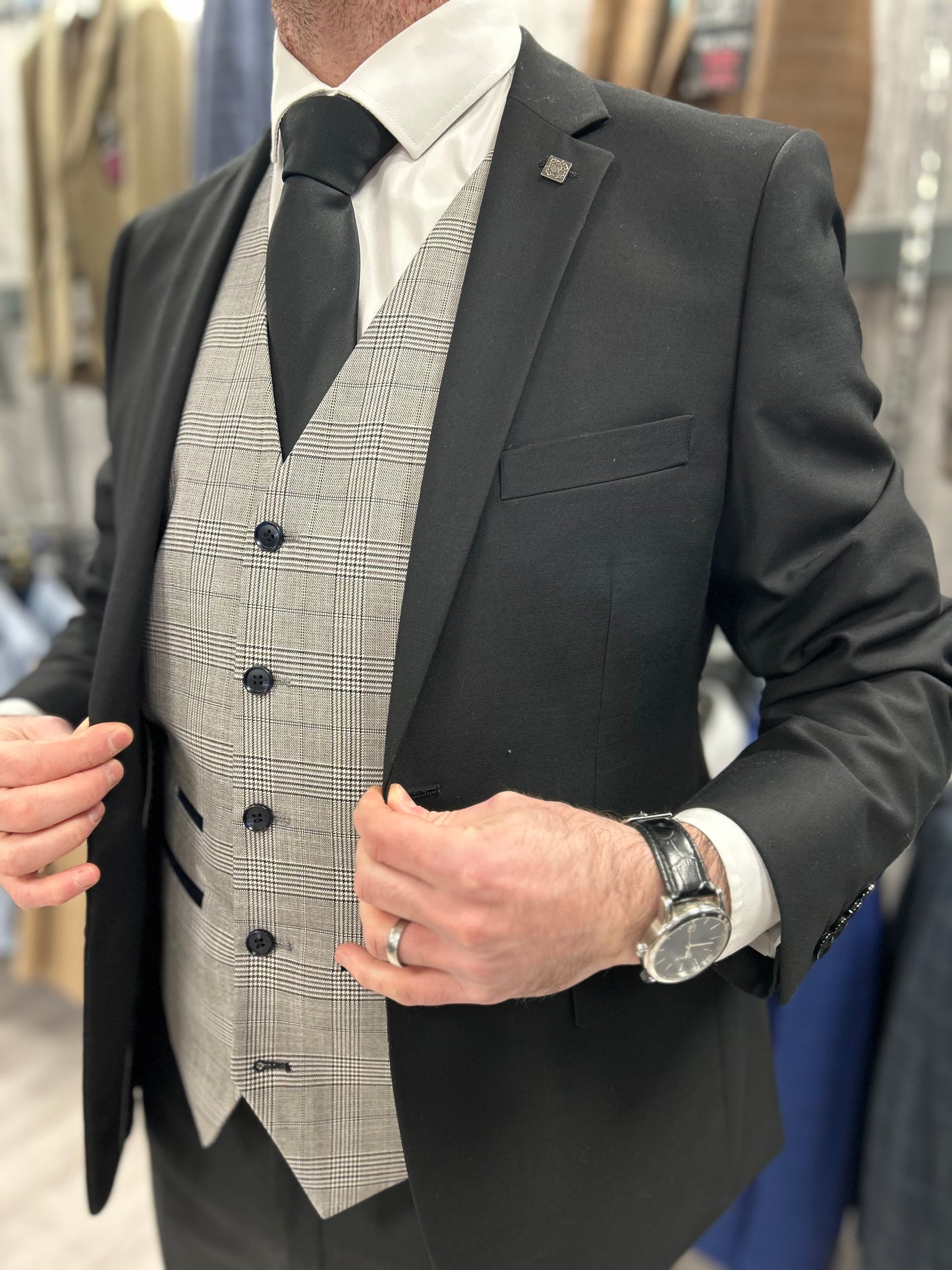 Parker black 2 piece with Hugo light grey waistcoat suit for hire