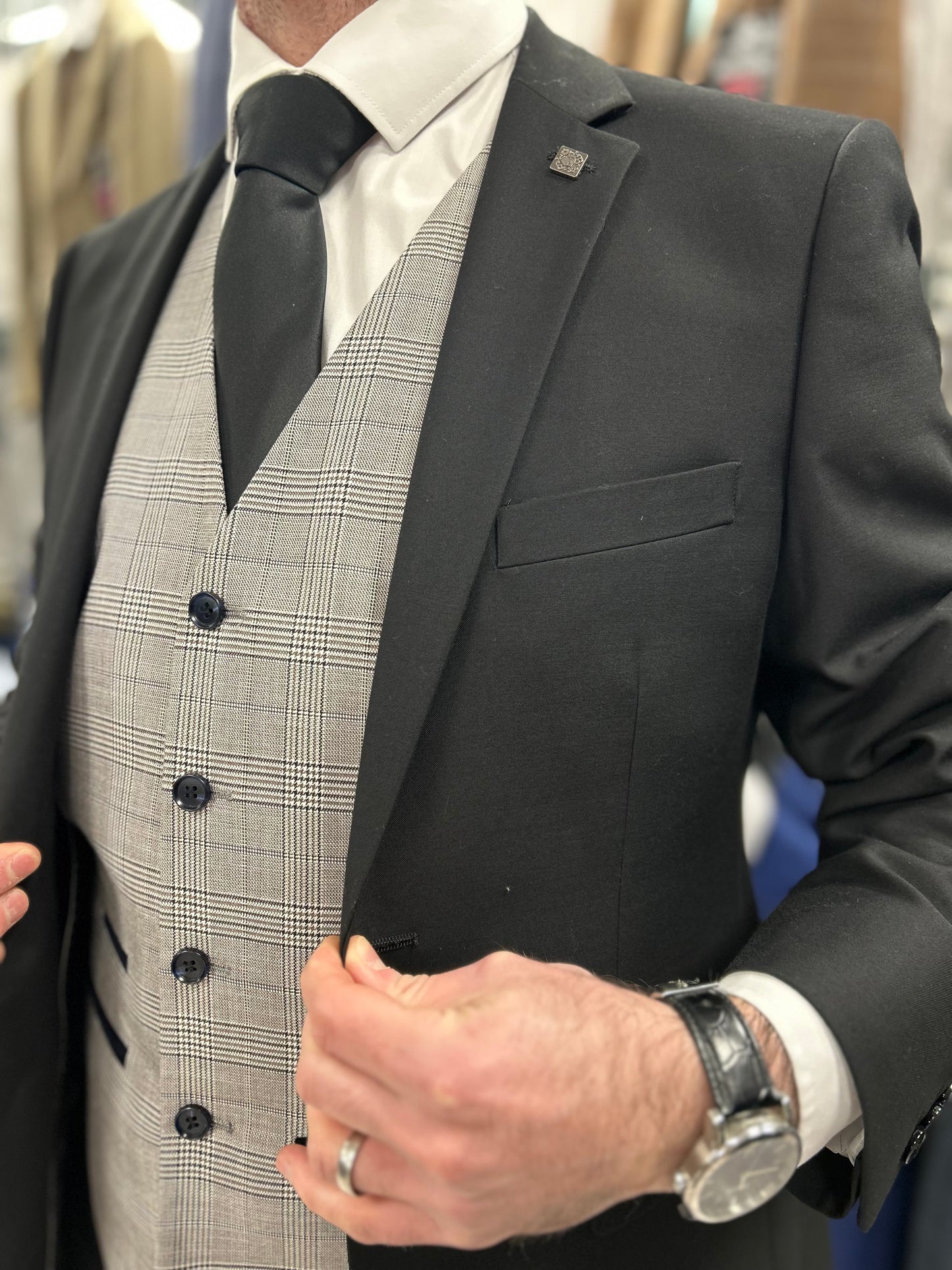 Parker black 2 piece with Hugo light grey waistcoat suit for hire