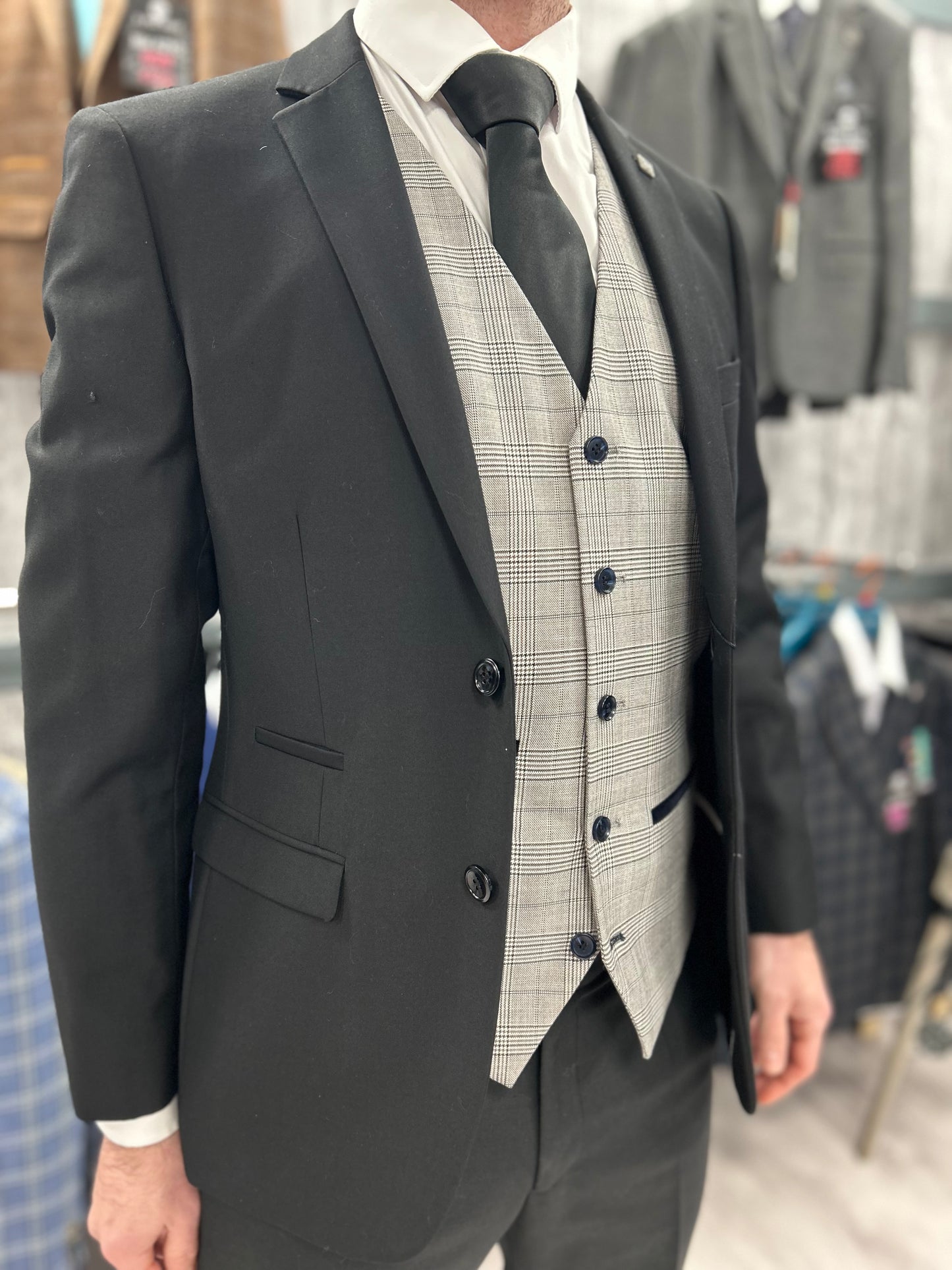 Parker black 2 piece with Hugo light grey waistcoat suit for hire