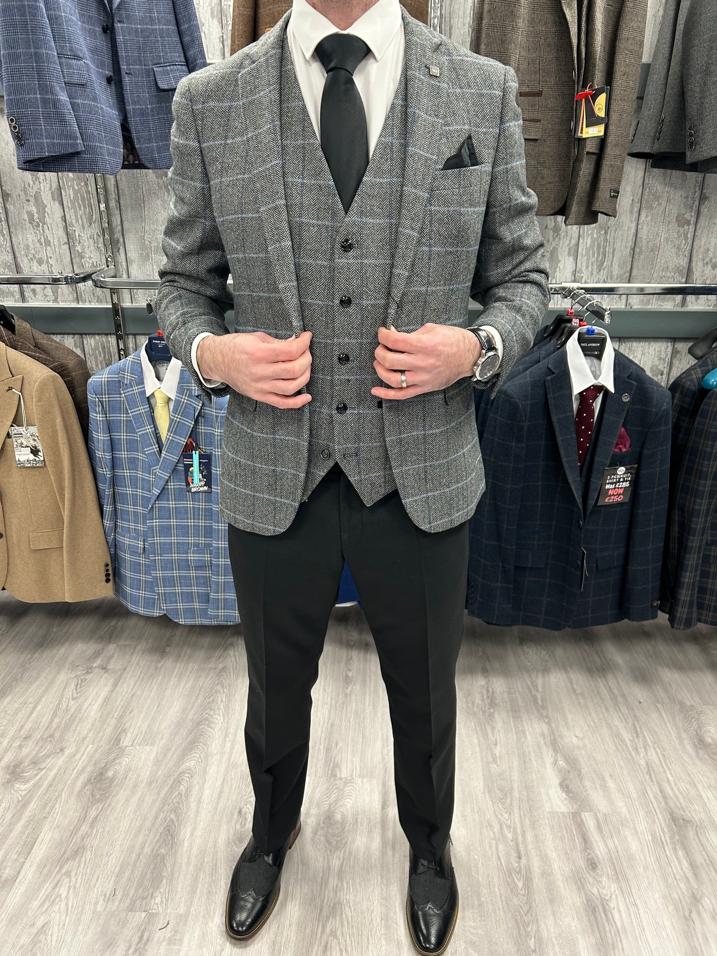 Harris Grey 3 Piece Suit With Black Trousers