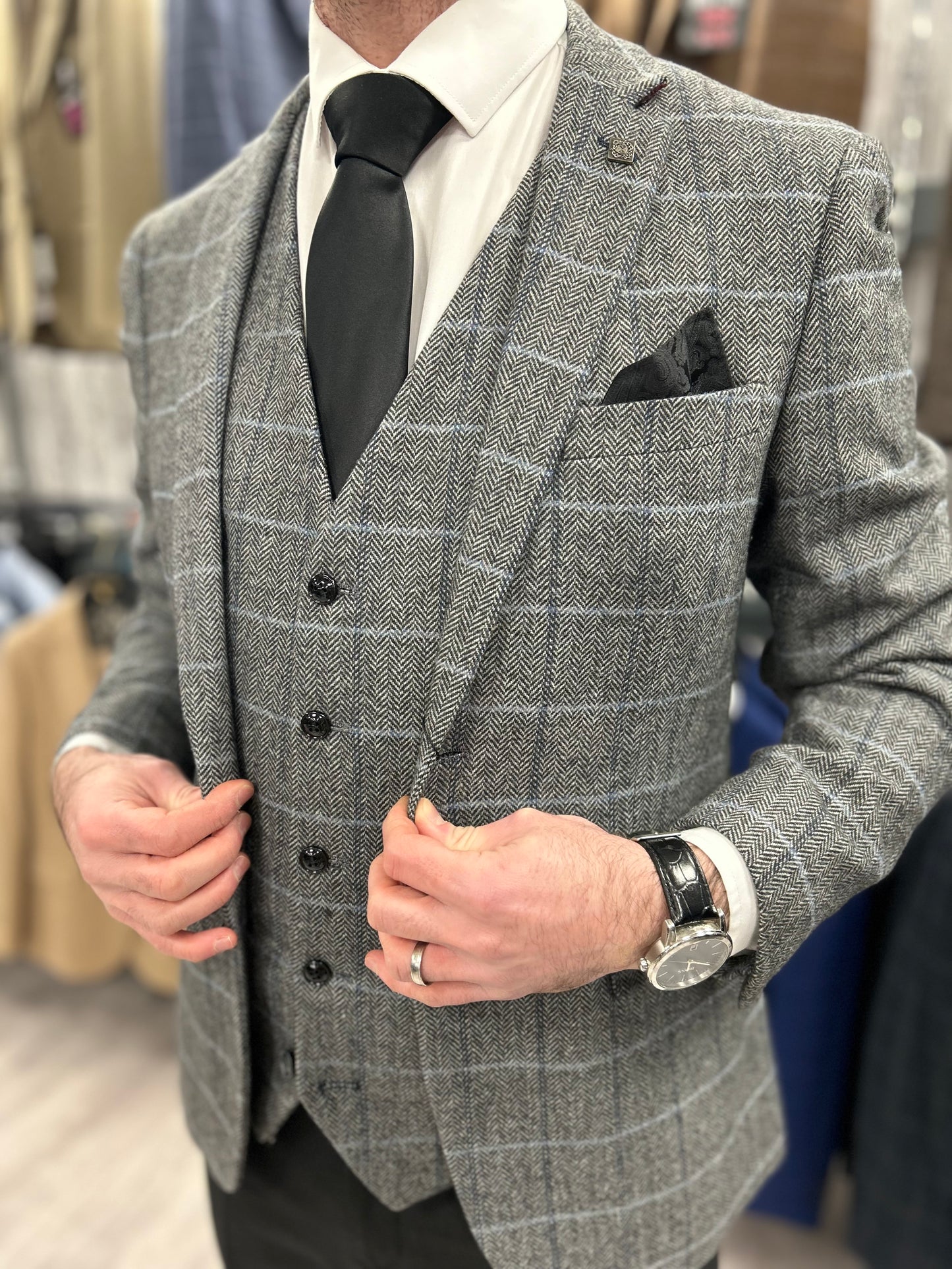 Harris Grey 3 Piece Suit With Black Trousers