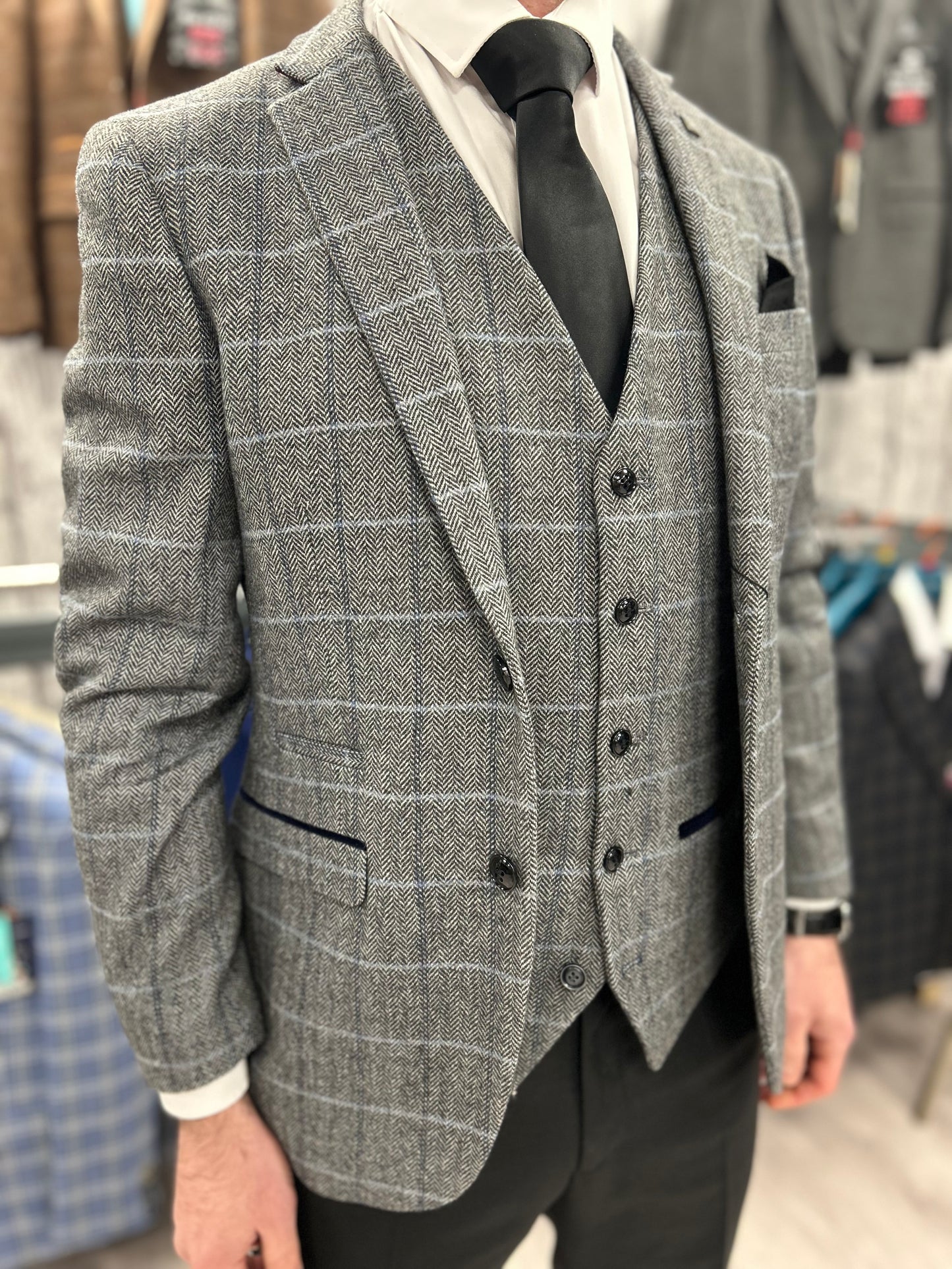 Harris Grey 3 Piece Suit With Black Trousers