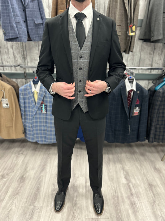 Parker black 2 piece with grey tweed waistcoat suit for hire