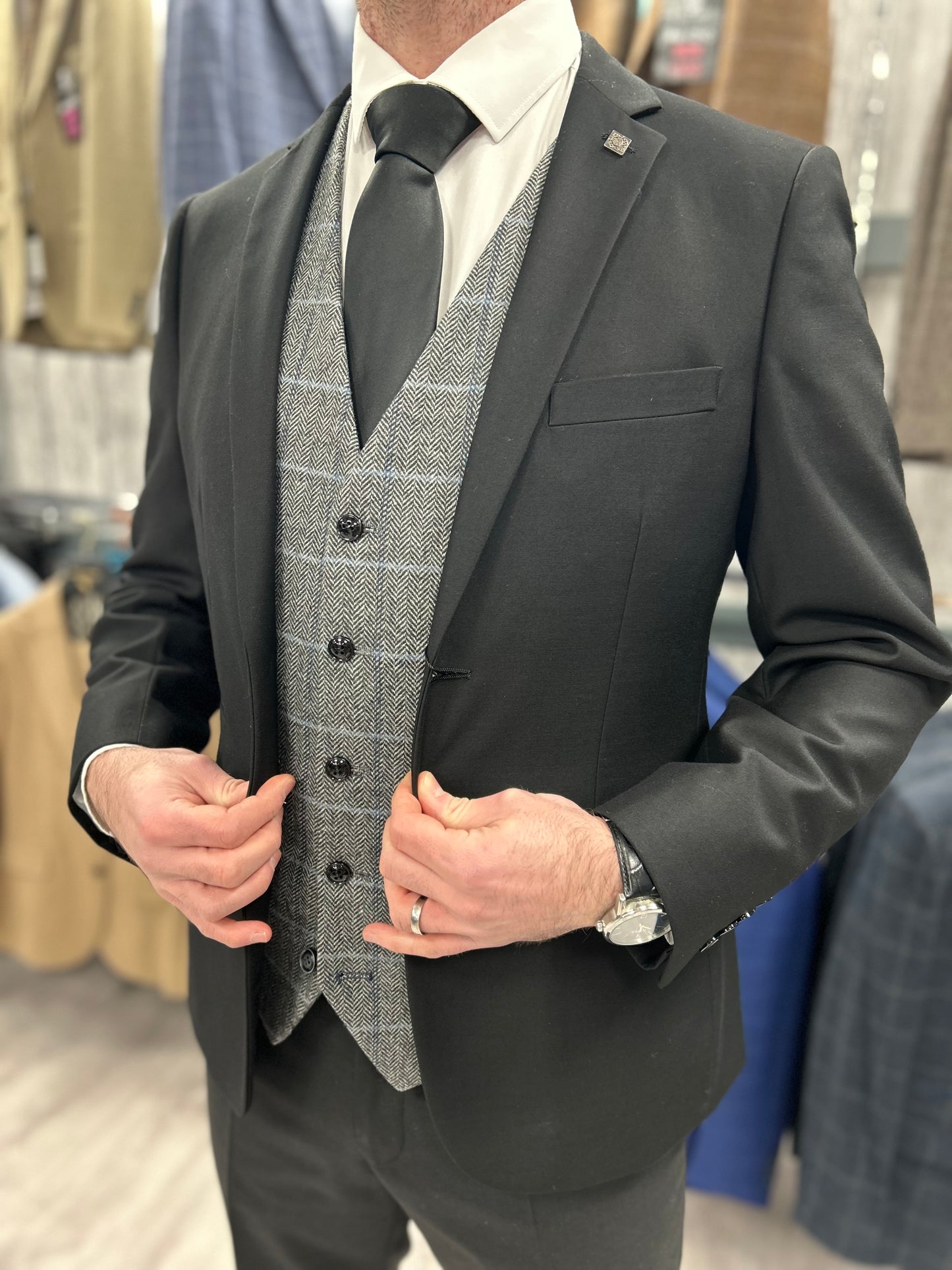 Parker black 2 piece with grey tweed waistcoat suit for hire