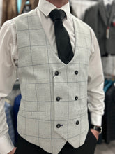 Load image into Gallery viewer, Parker black 2 piece with radika light grey waistcoat suit for hire
