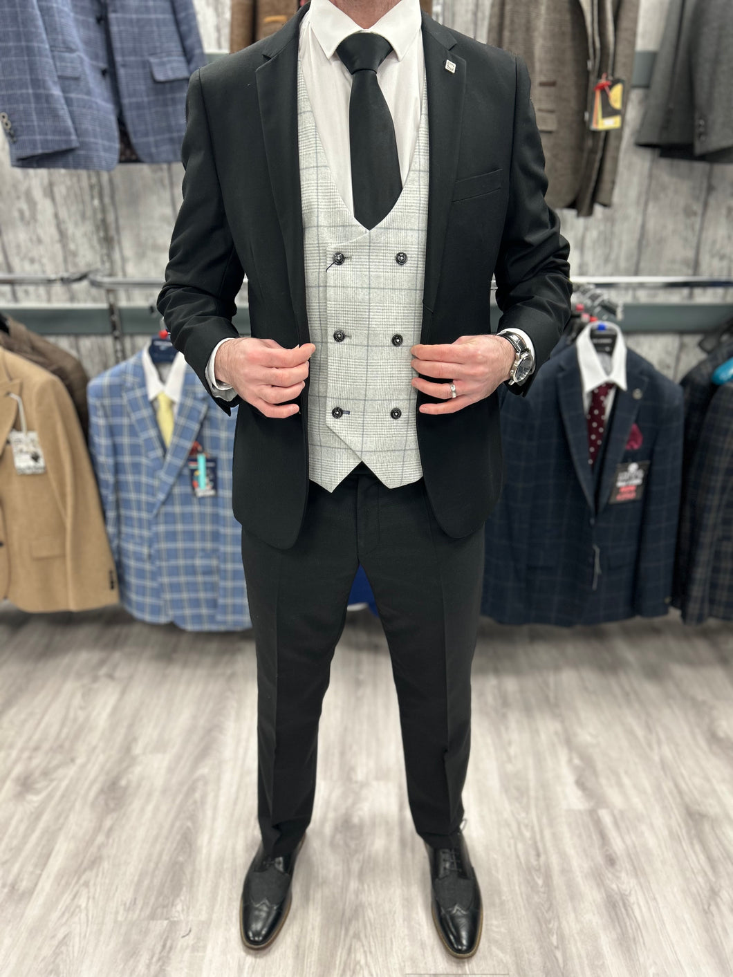 Parker black 2 piece with radika light grey waistcoat suit for hire