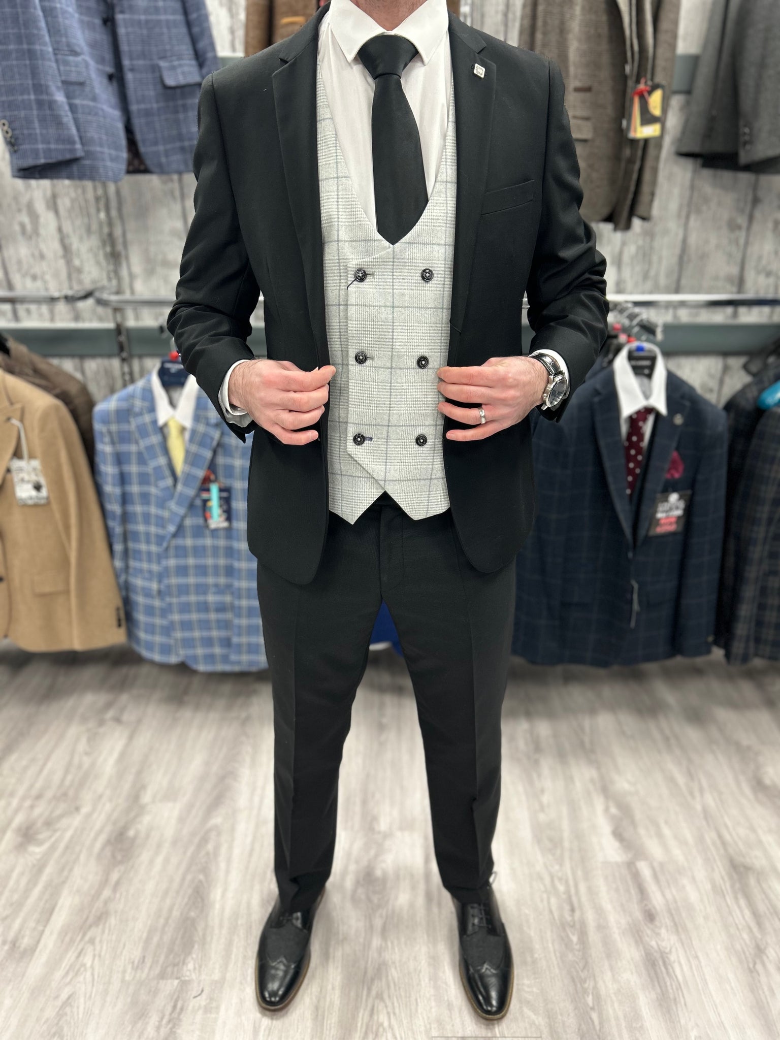 Parker black 2 piece with radika grey checked waistcoat suit for hire MJ s Menswear Derry