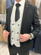 Load image into Gallery viewer, Parker black 2 piece with radika light grey waistcoat suit for hire
