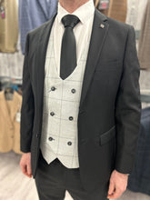 Load image into Gallery viewer, Parker black 2 piece with radika light grey waistcoat suit for hire
