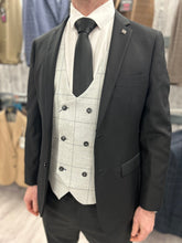 Load image into Gallery viewer, Parker black 2 piece with radika grey checked waistcoat suit for hire
