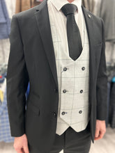 Load image into Gallery viewer, Parker black 2 piece with radika light grey waistcoat suit for hire
