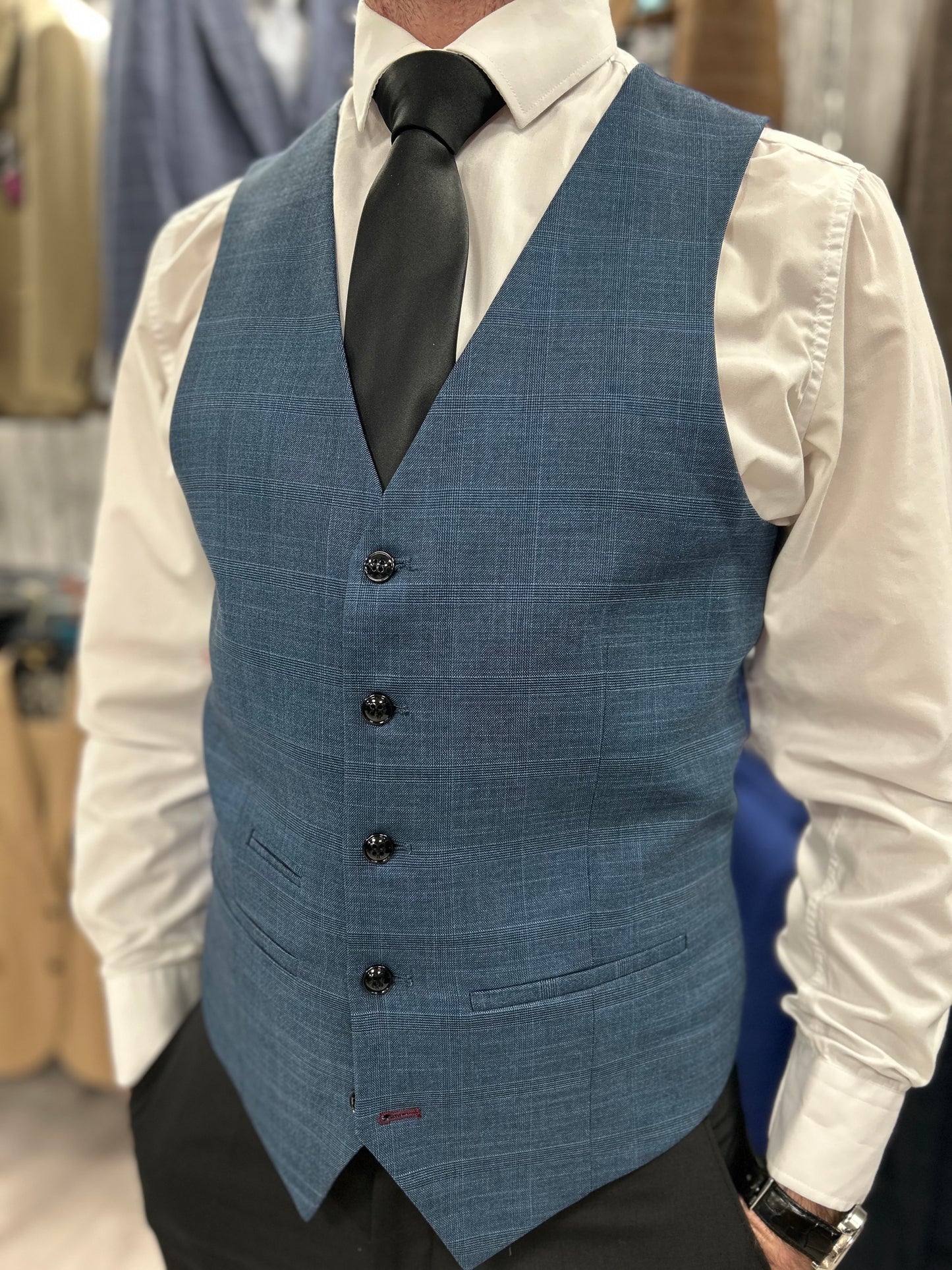 Parker black 2 piece with Viceroy blue checked waistcoat suit for hire
