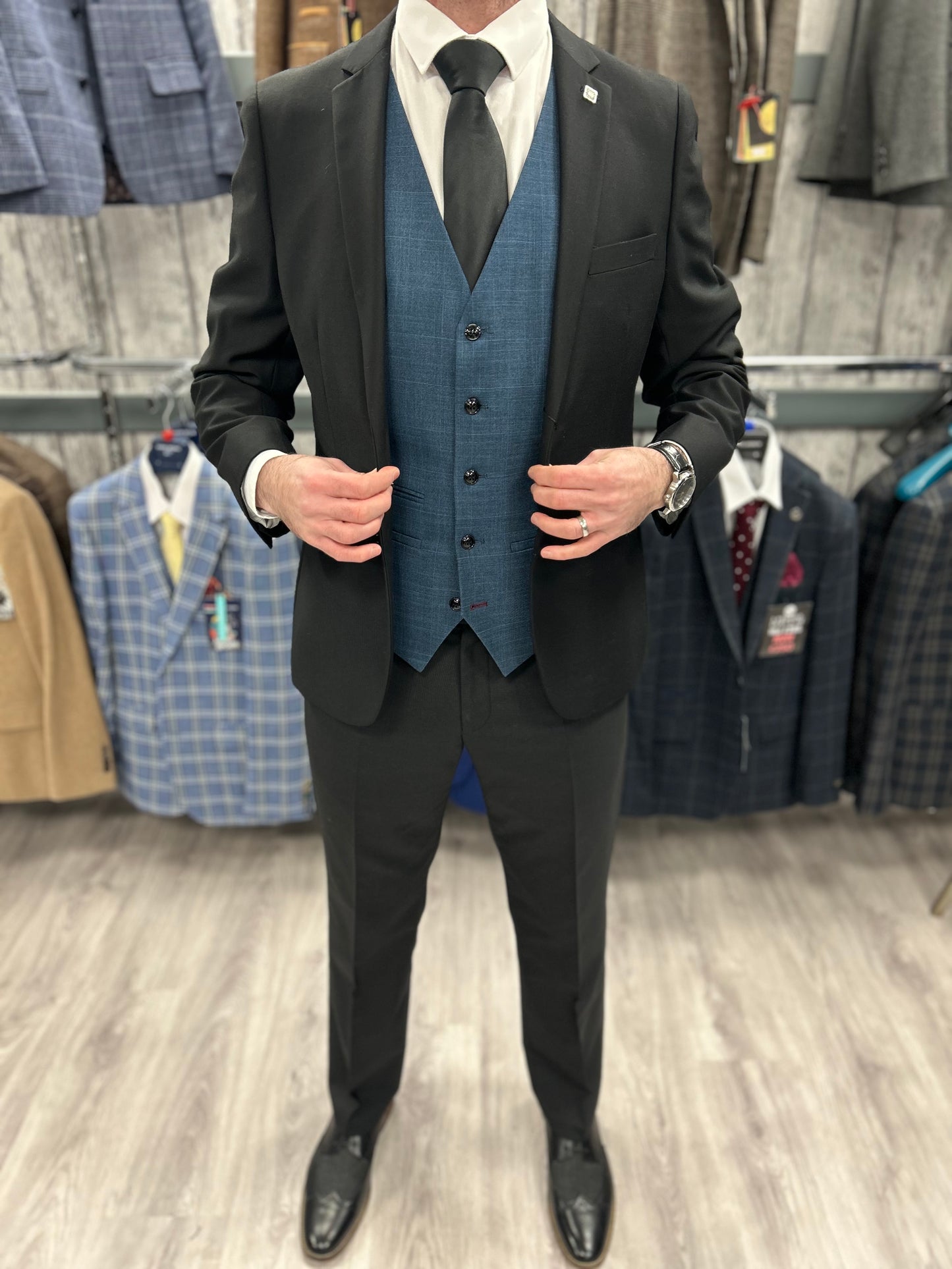 Parker black 2 piece with Viceroy blue checked waistcoat suit for hire