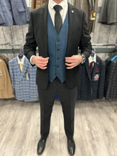Load image into Gallery viewer, Parker black 2 piece with Viceroy blue checked waistcoat suit for hire
