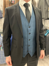Load image into Gallery viewer, Parker black 2 piece with Viceroy blue checked waistcoat suit for hire
