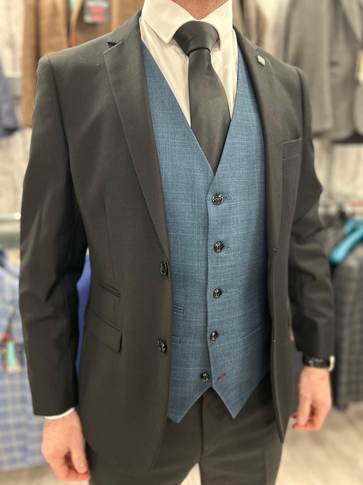 Parker black 2 piece with Viceroy blue checked waistcoat suit