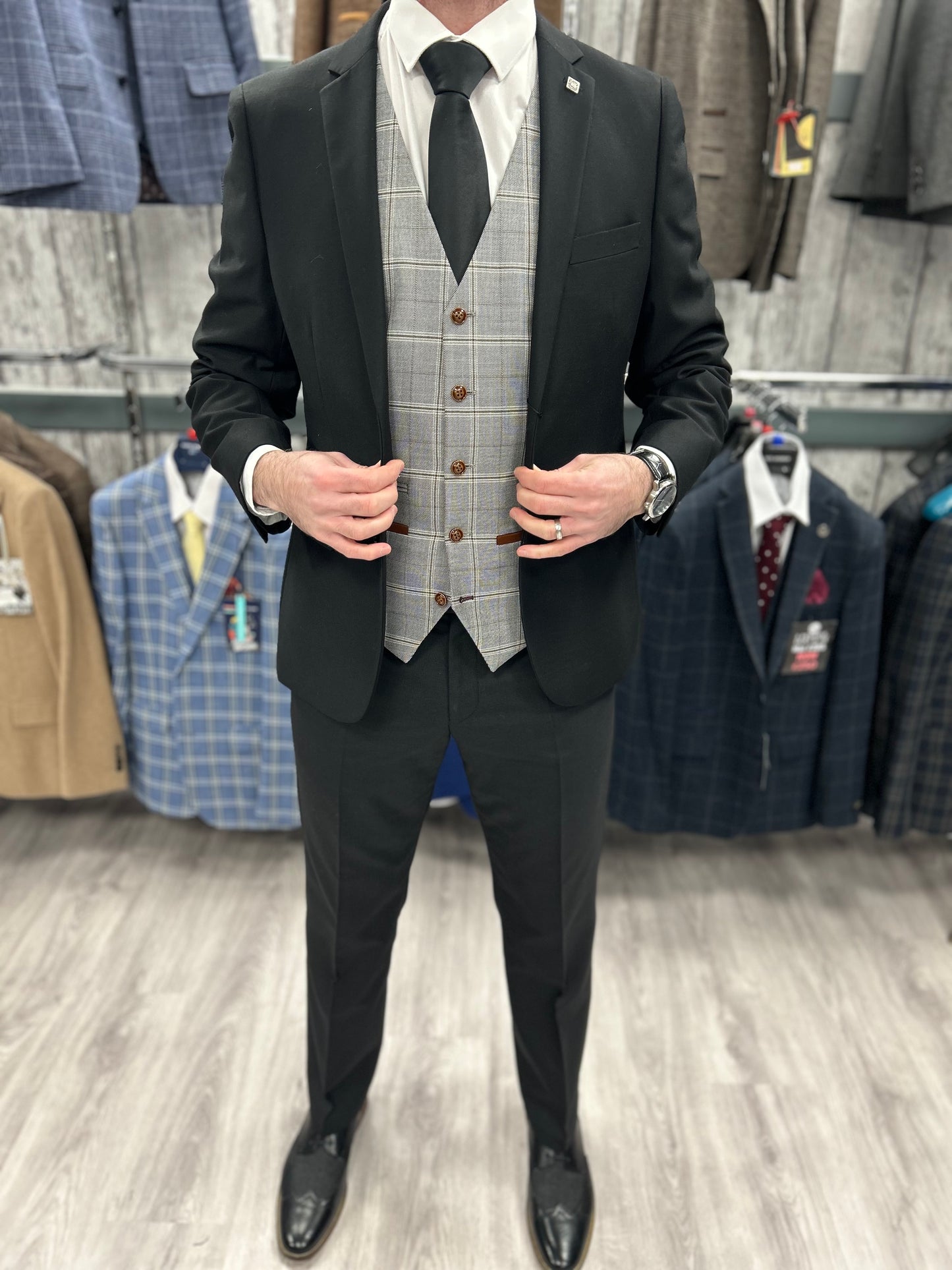 Parker black 2 piece with francis light grey waistcoat suit for hire